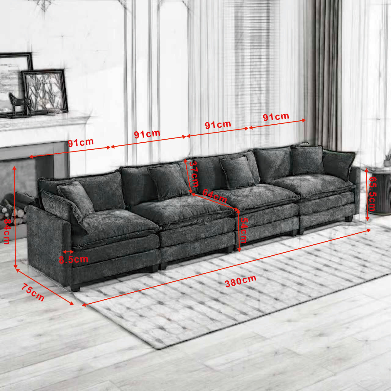 Cloud Sofa 4 Seats, Modern Sectional Couch with Double Layer Cushions, Black Chenille Fabric