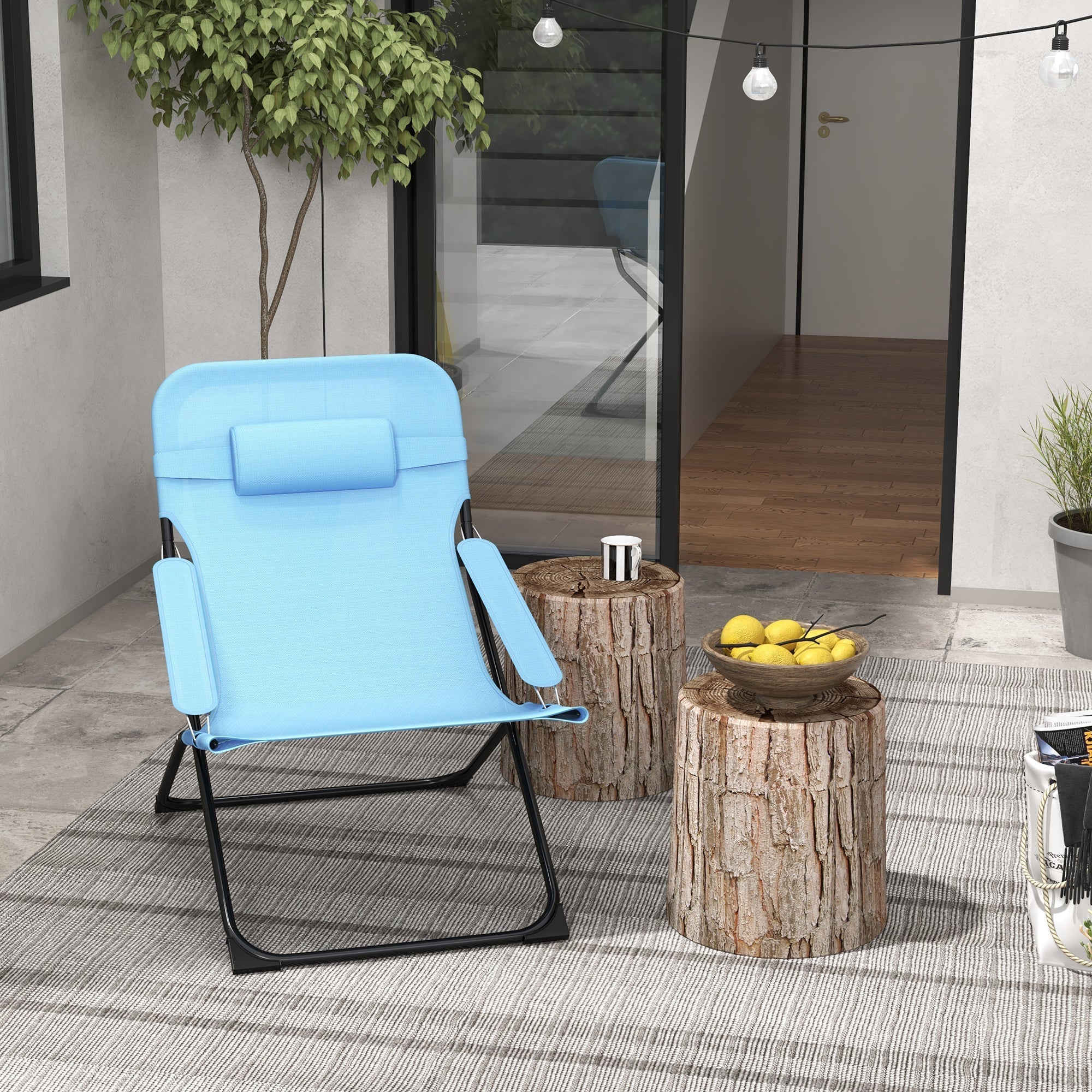 Folding Chair Adjustable Backrest Camping Pillow Mesh Blue