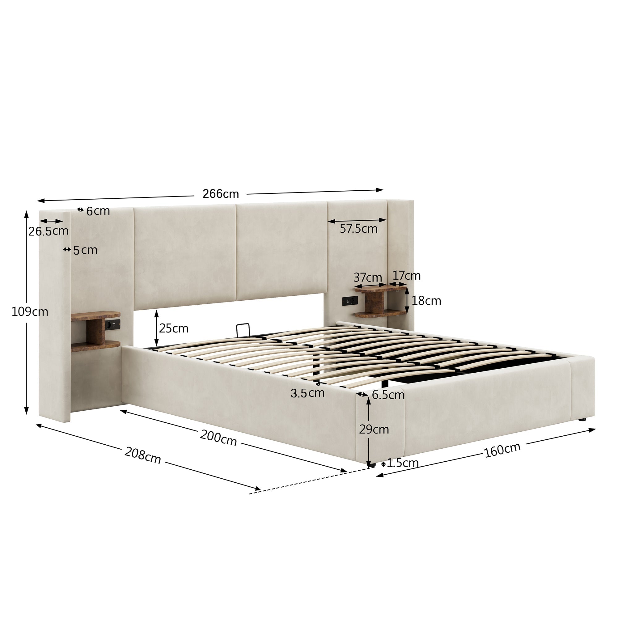 Upholstered Bed 160x200cm Hydraulic Storage USB Power Outlets 2 Bedside Tables Velvet Beige