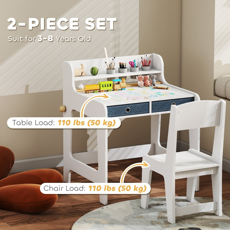 Art Table and Chair Set Kids Art Desk with Storage Shelf and Drawers, White MDF