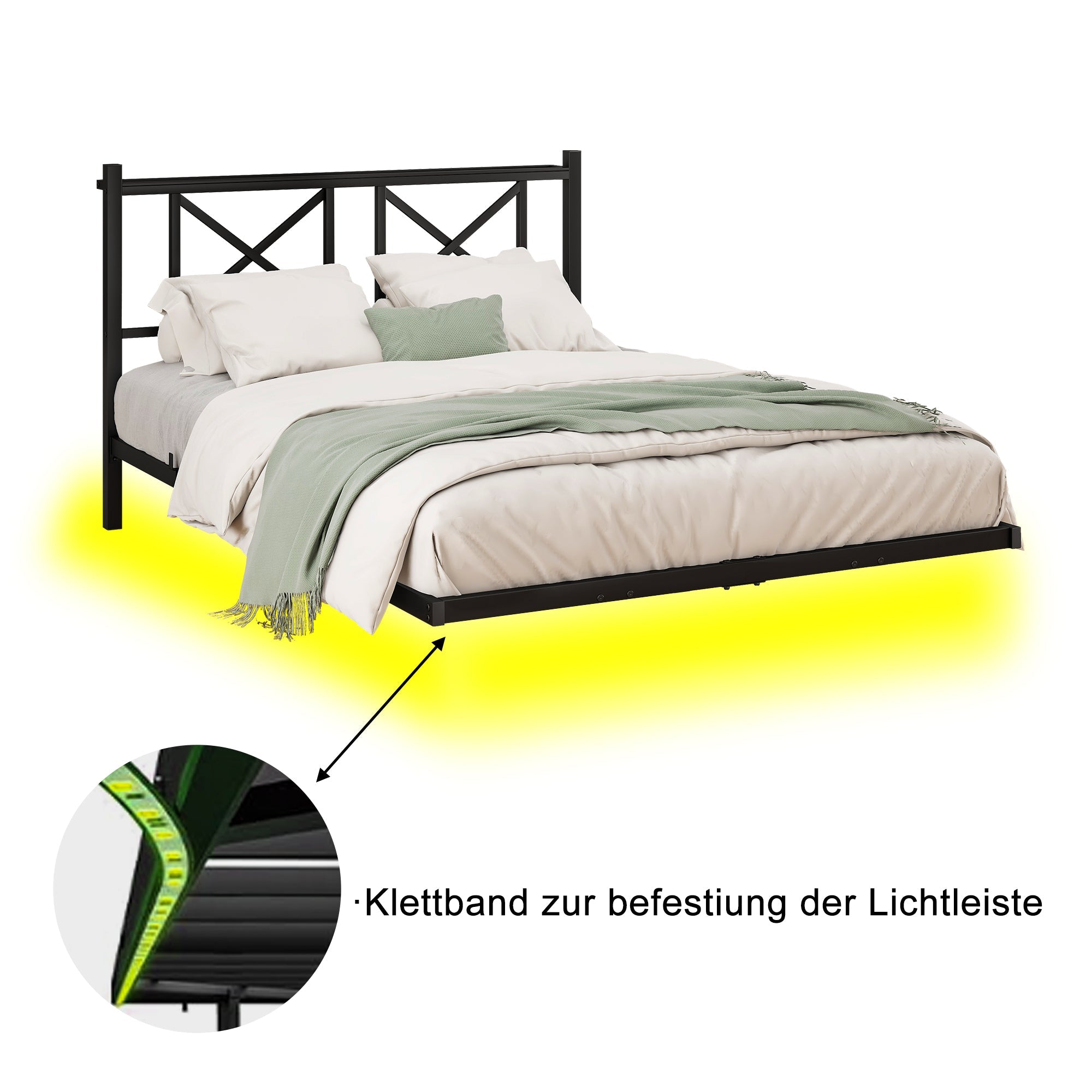 Double Bed Frame 120x200cm LED Charging Station Floating Design - Metal