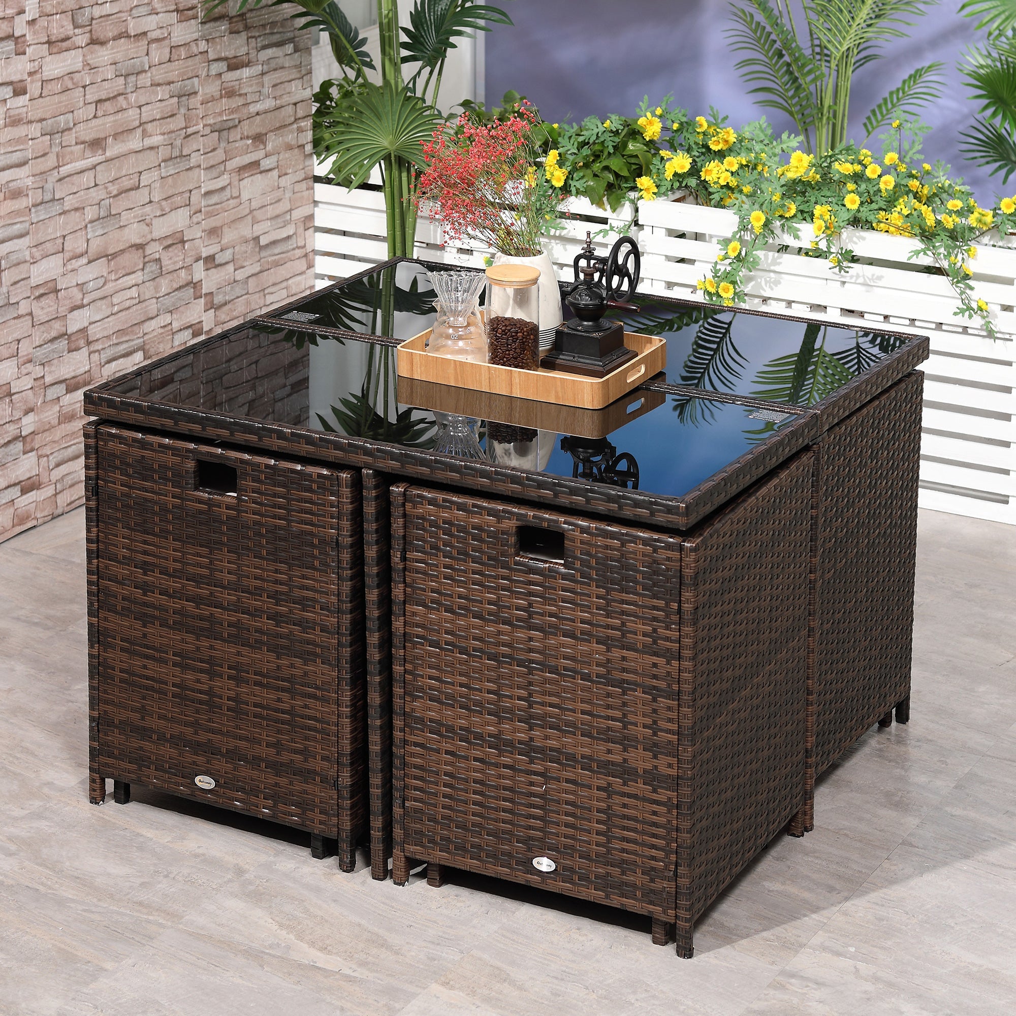 Rattan Cube Garden Furniture Set, 8 Seater Dining Set with Square Glass Top Table, Brown Rattan