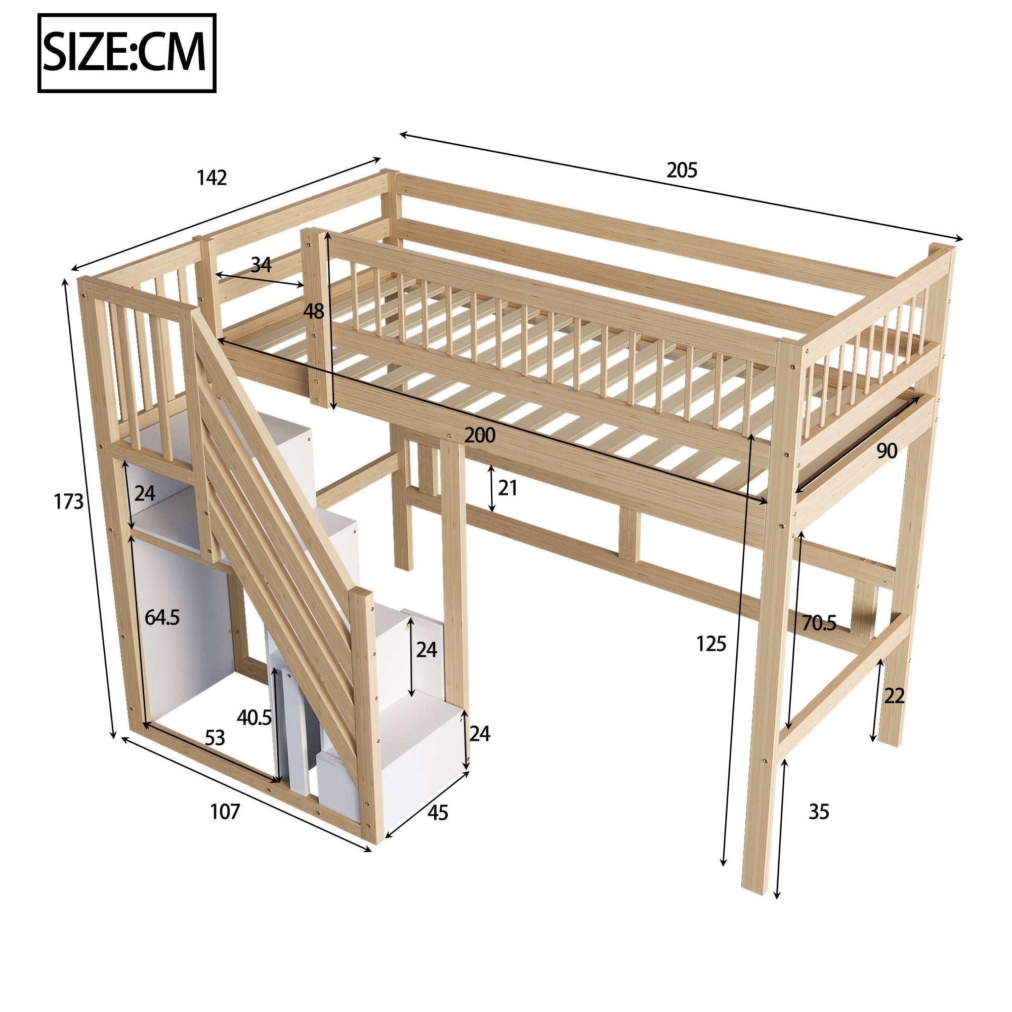Solid Wood Bed, 90x200, Storage Stairs, High Version, Wood Color