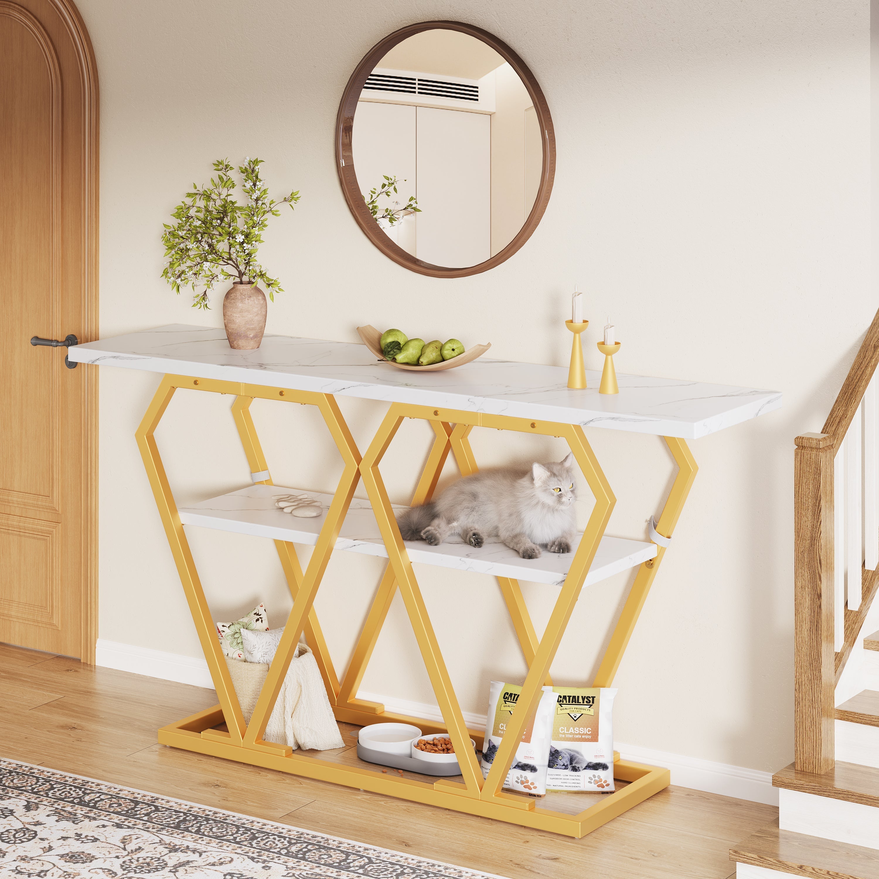 Console Table with Integrated Storage and Metal Legs, White Marble Look