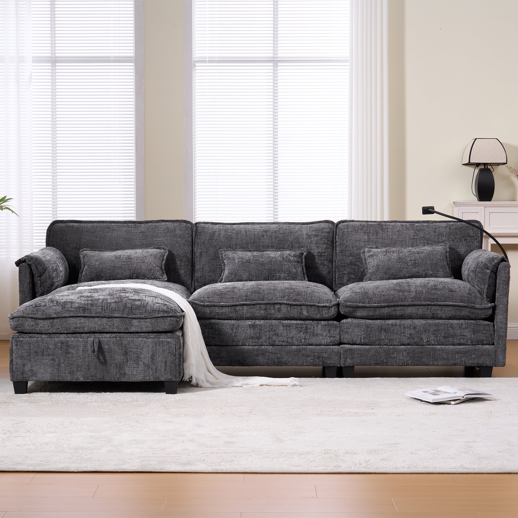 Modern 2-Seater Sofa USB Port Storage Footstool Memory Foam - Chenille Grey