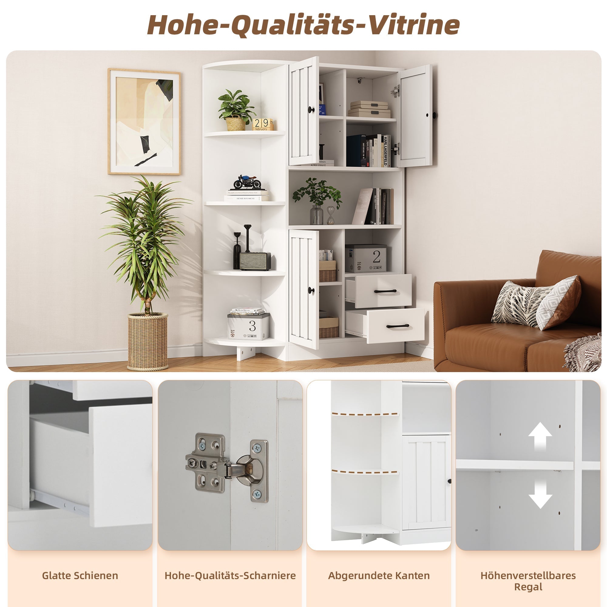 Corner Wardrobe Display Cabinet, 3 Cabinets 2 Drawers, 14 Storage Areas, 104x35x155cm, White