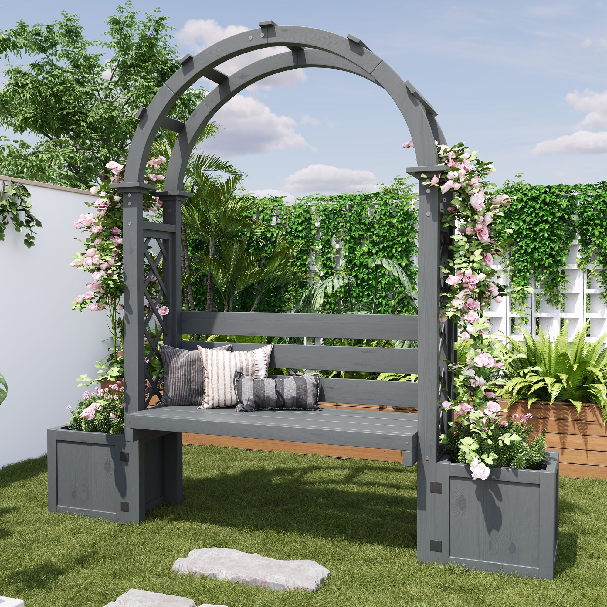 Planter with Trellis and Seating for Garden Yard and Patio, Wood