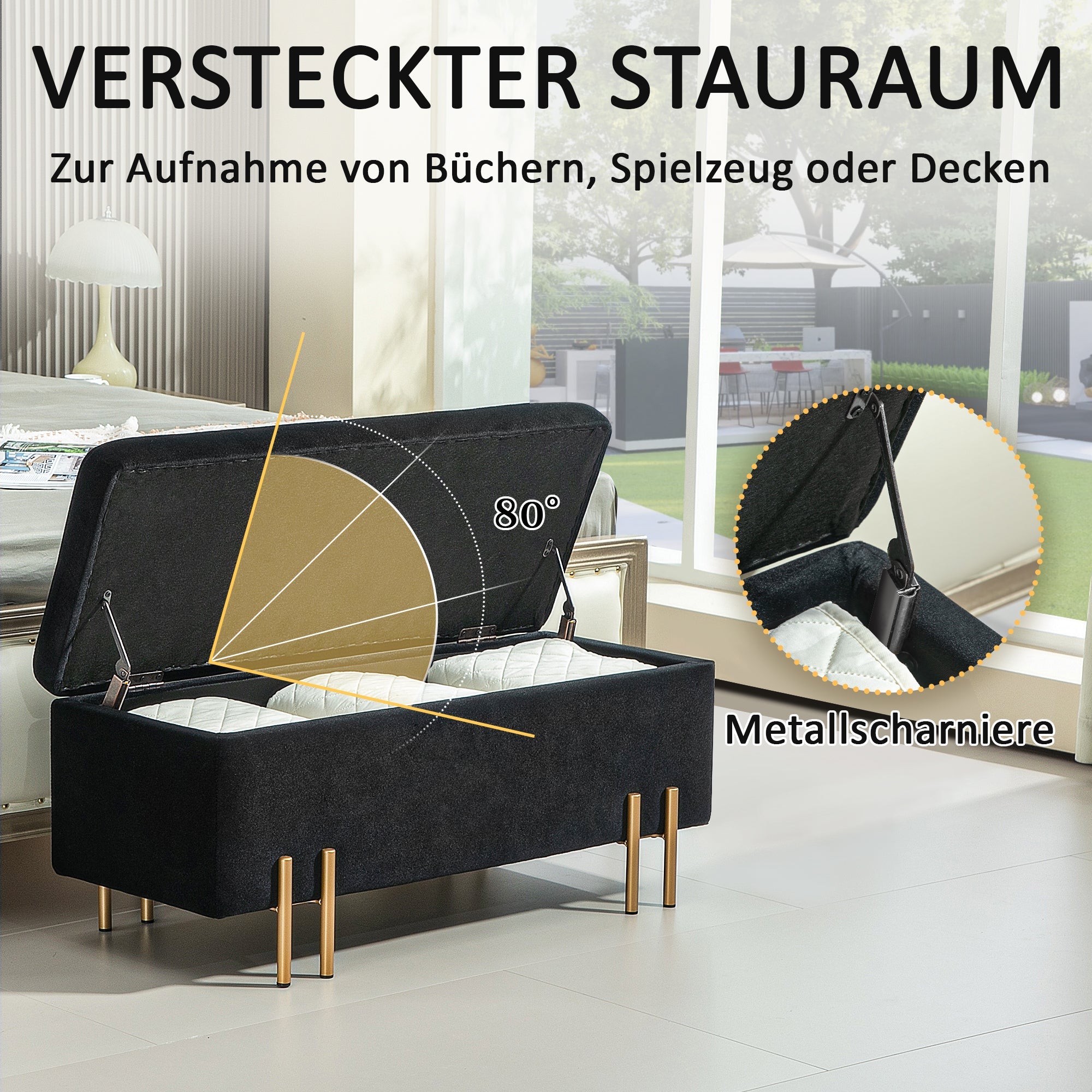Bench Upholstered with Storage 100x40x42cm, Black Fabric/Metal