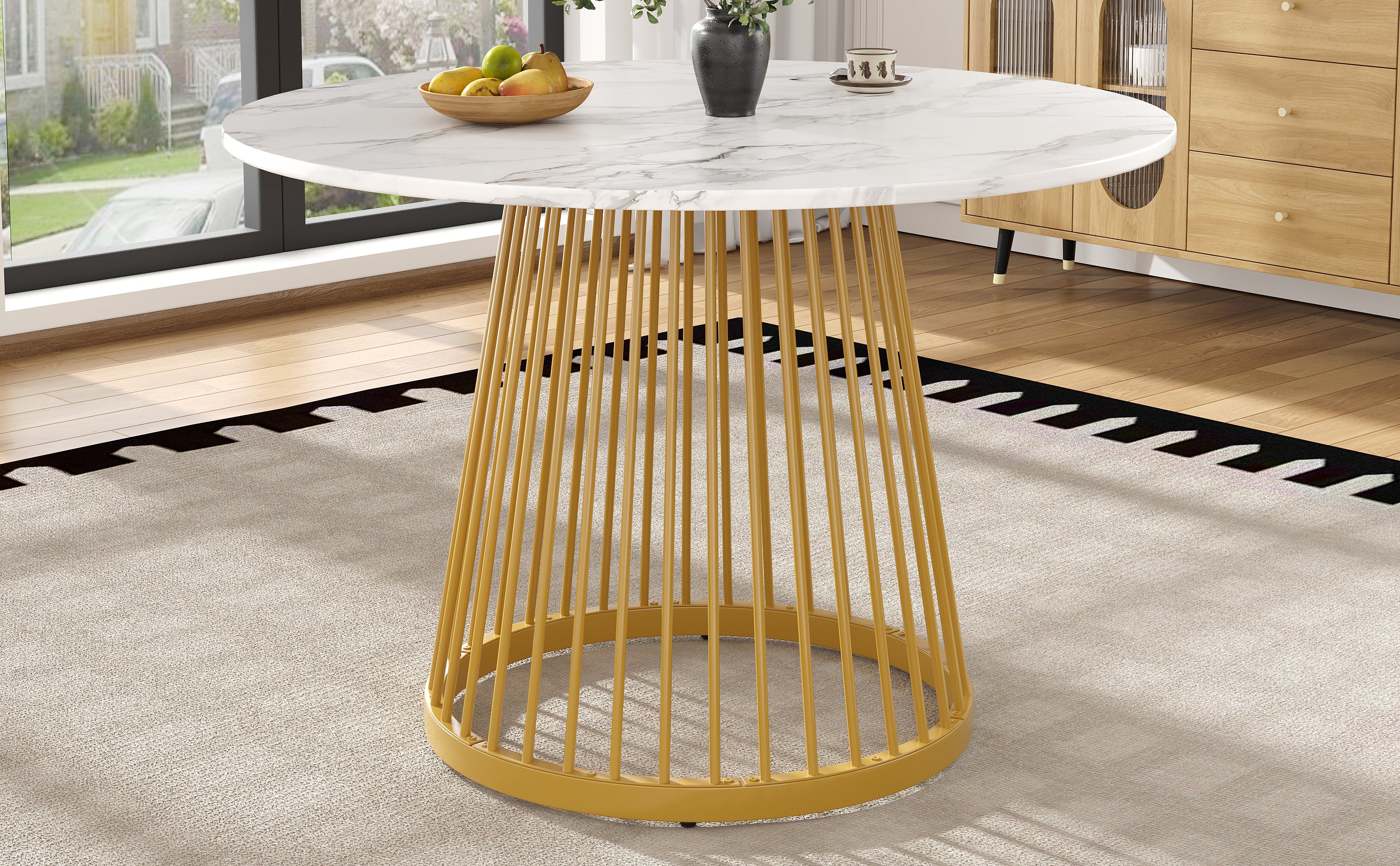 Round Dining Table 80cm 4-Person MDF Marbled Top Gold Legs