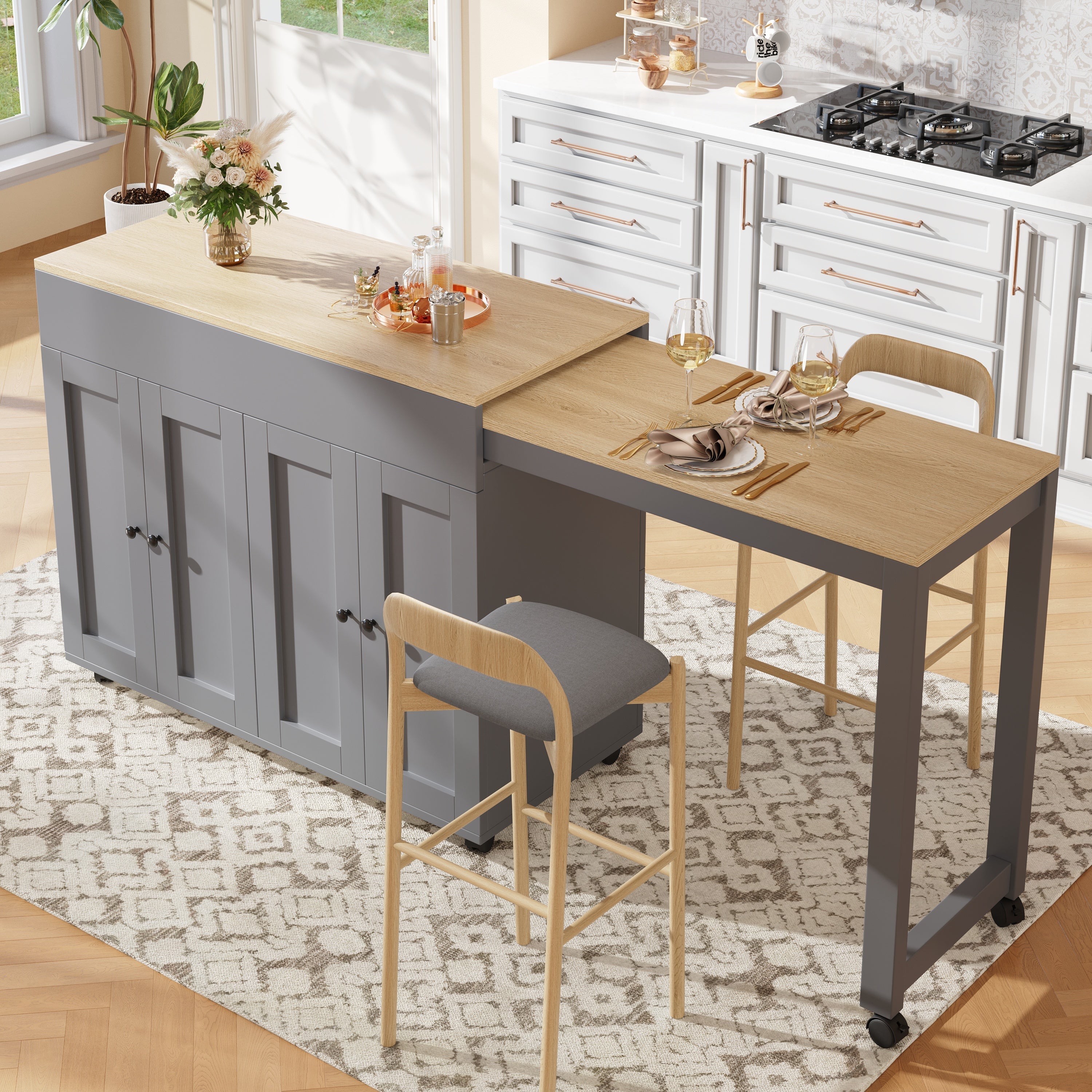 Extendable Bar Table Dining/Bistro with Storage and Shelves Grey