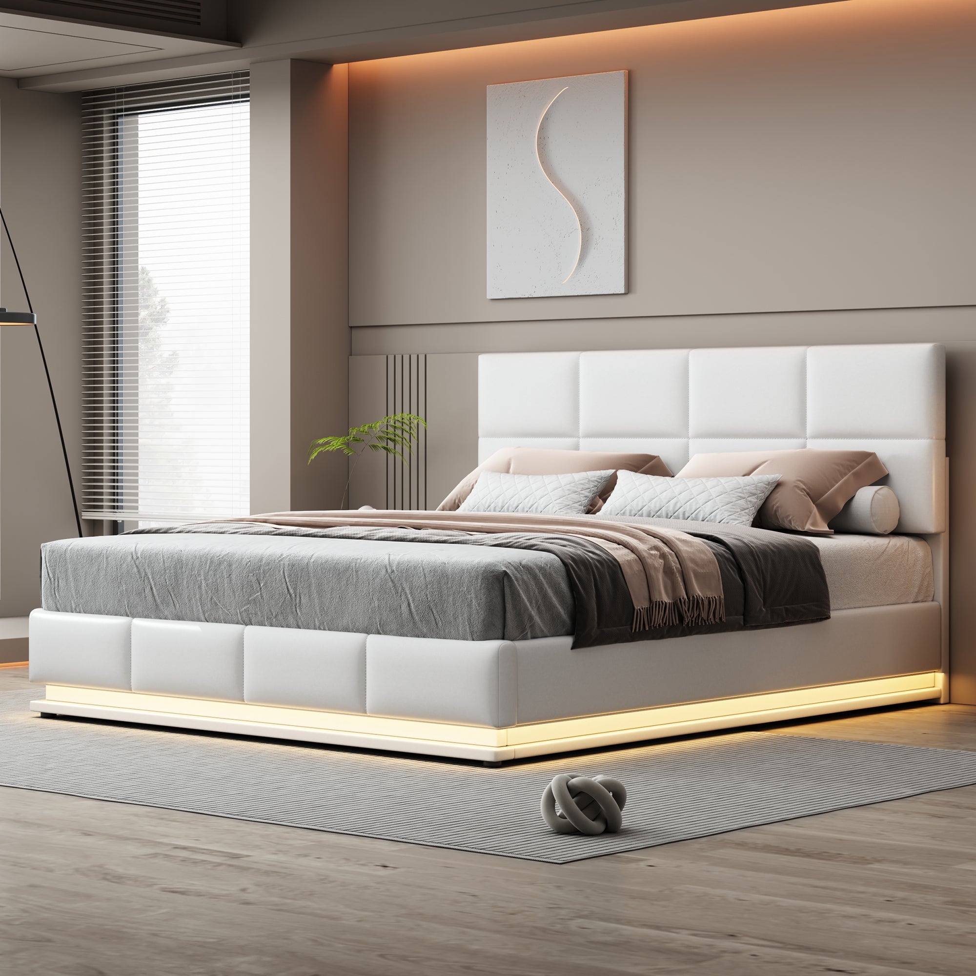 Upholstered Double Bed with LED Light Strip, 180 x 200 cm, White/Gray Faux Leather