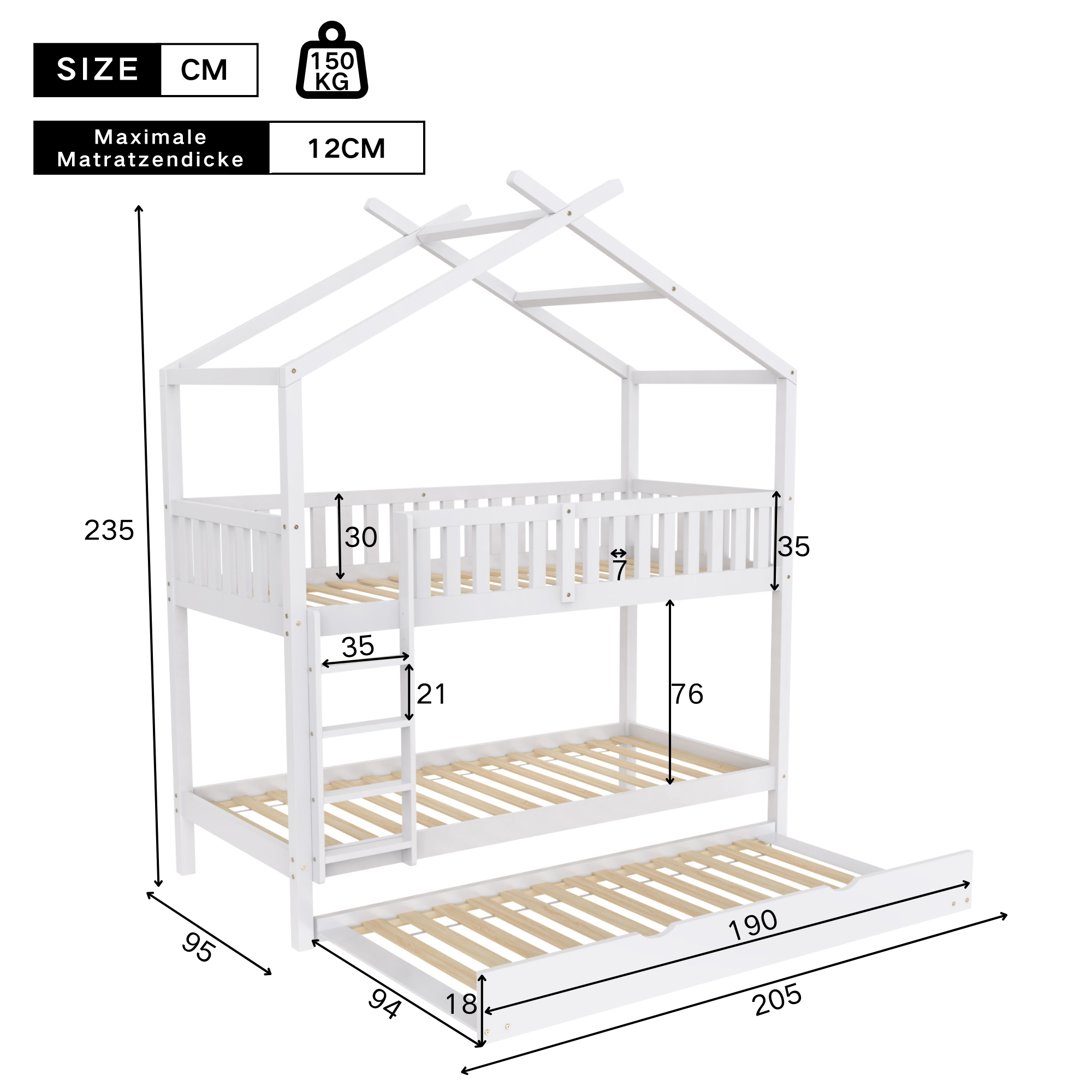 House Bed 90x200cm Triple Extendable Space-Saving - White