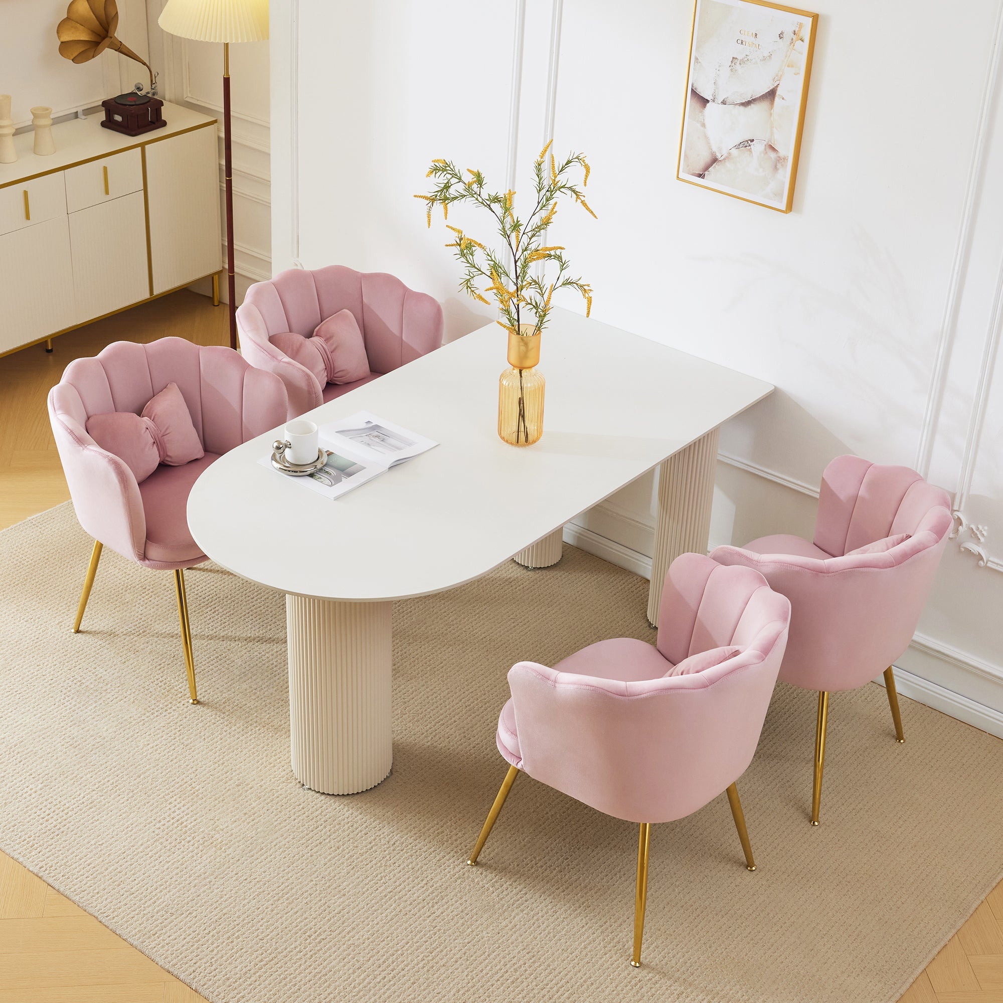 Velvet Chairs, Set of 4 Modern Upholstered with Petal Back & Butterfly Cushion, Gold Metal Legs