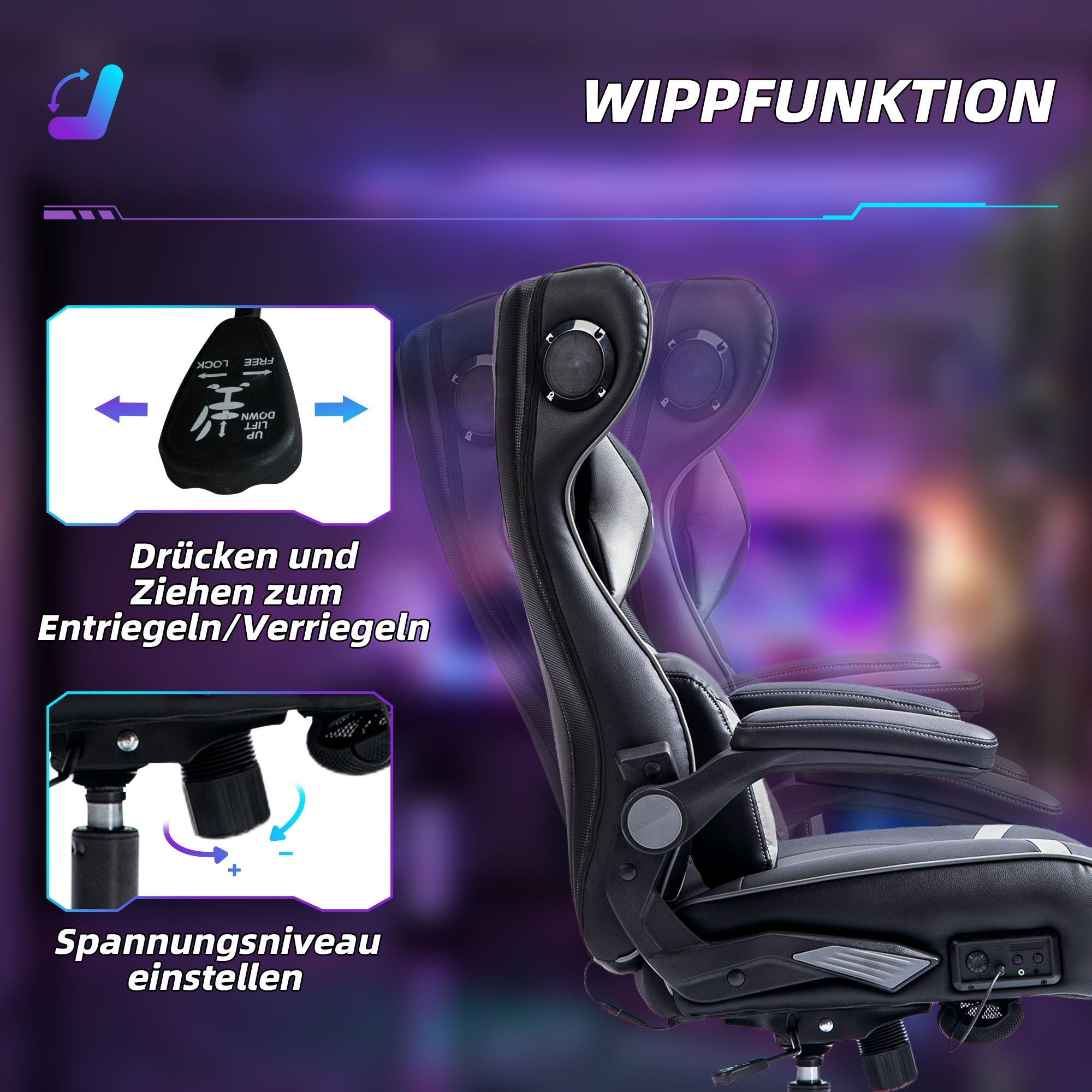 Gaming Chair, Ergonomic Rocking Swivel with Speakers, 120kg Capacity, Black/Grey