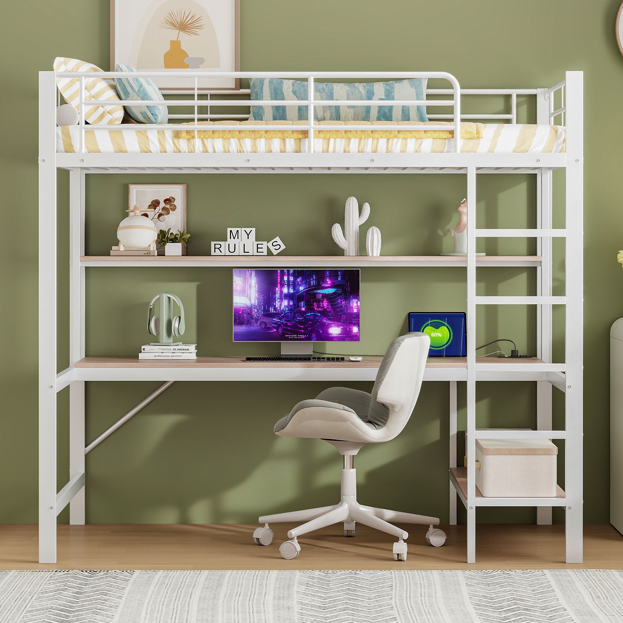 Loft Bed 90x200cm with Desk, Multi-Tiered Shelf, Ladder, USB, and LED Lights, Metal White