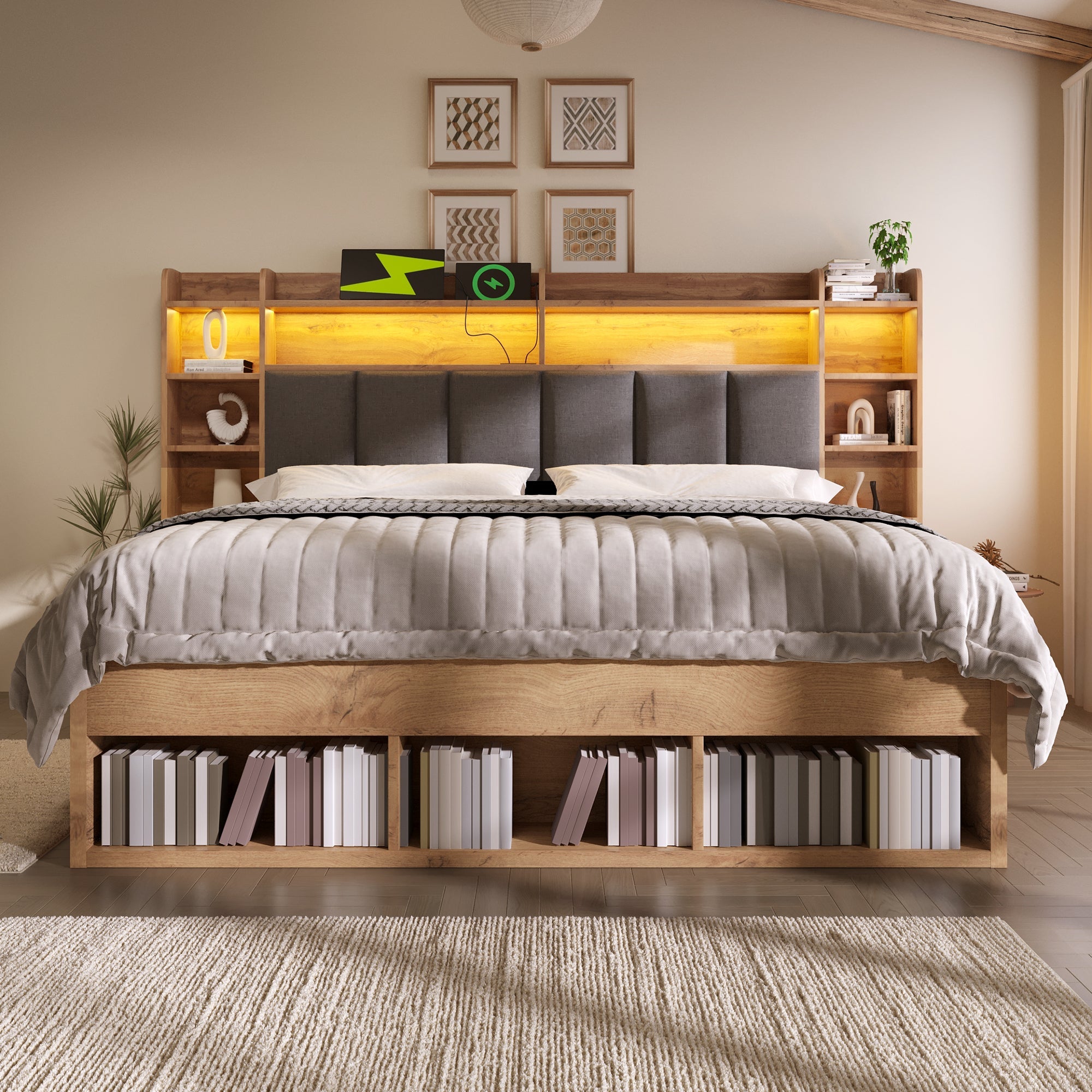 Double Bed System Bed with LED Headboard, Bedside Tables, USB Ports and Storage, 180x200cm, Oak Finish