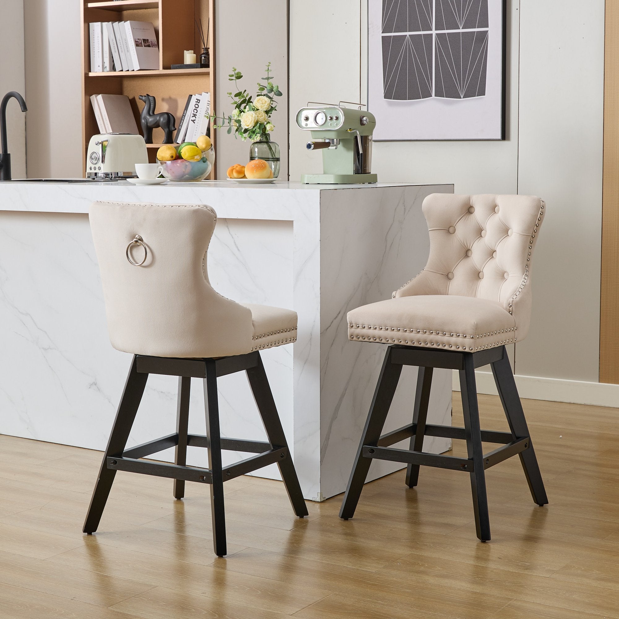 Swivel Barstools Set of 2 Button Tufted Wooden Legs - Beige Velvet