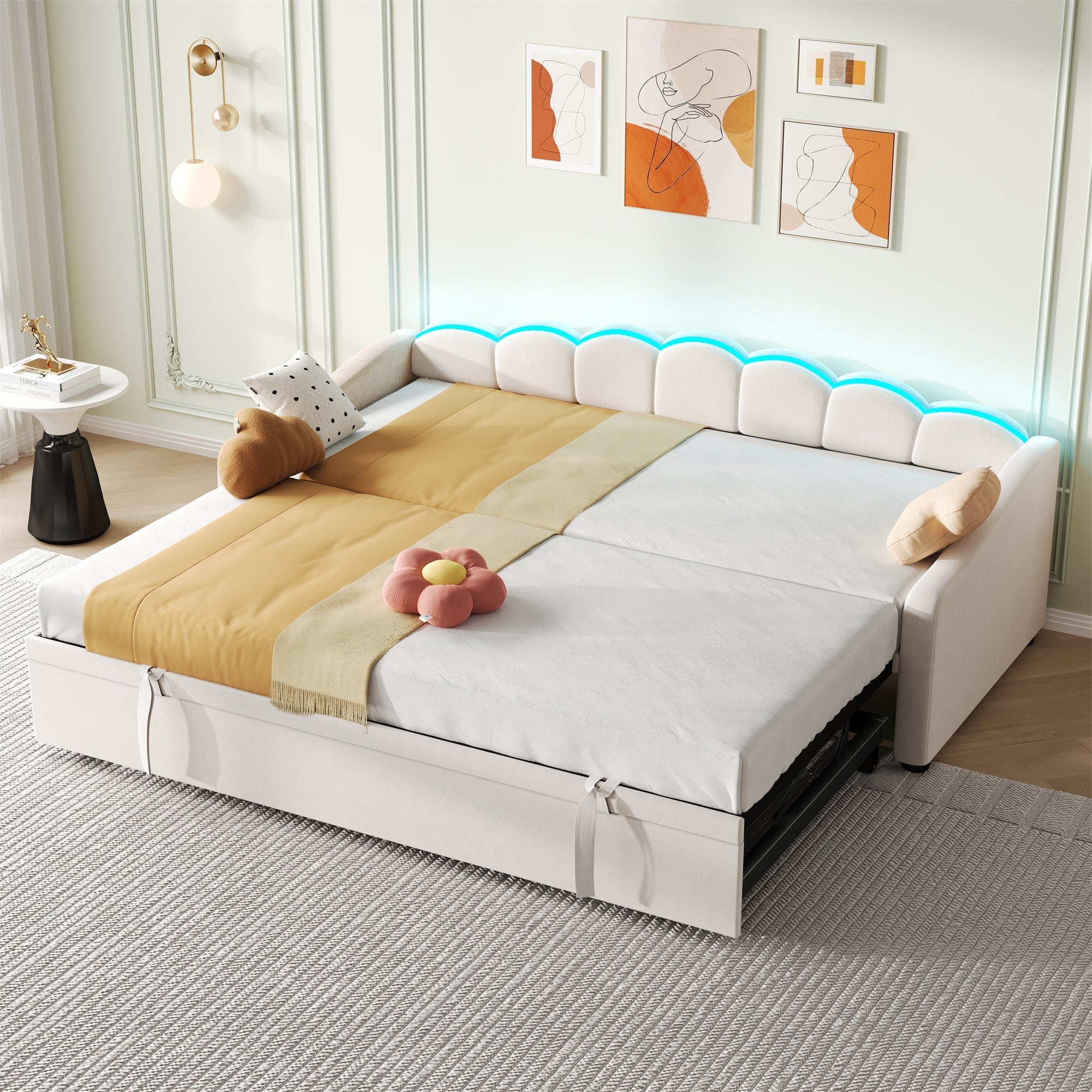 Upholstered Daybed Sofa Bed 90x190cm with RGB LED, 3ft Petal Shape Single Bed with Trundle, Velvet Beige