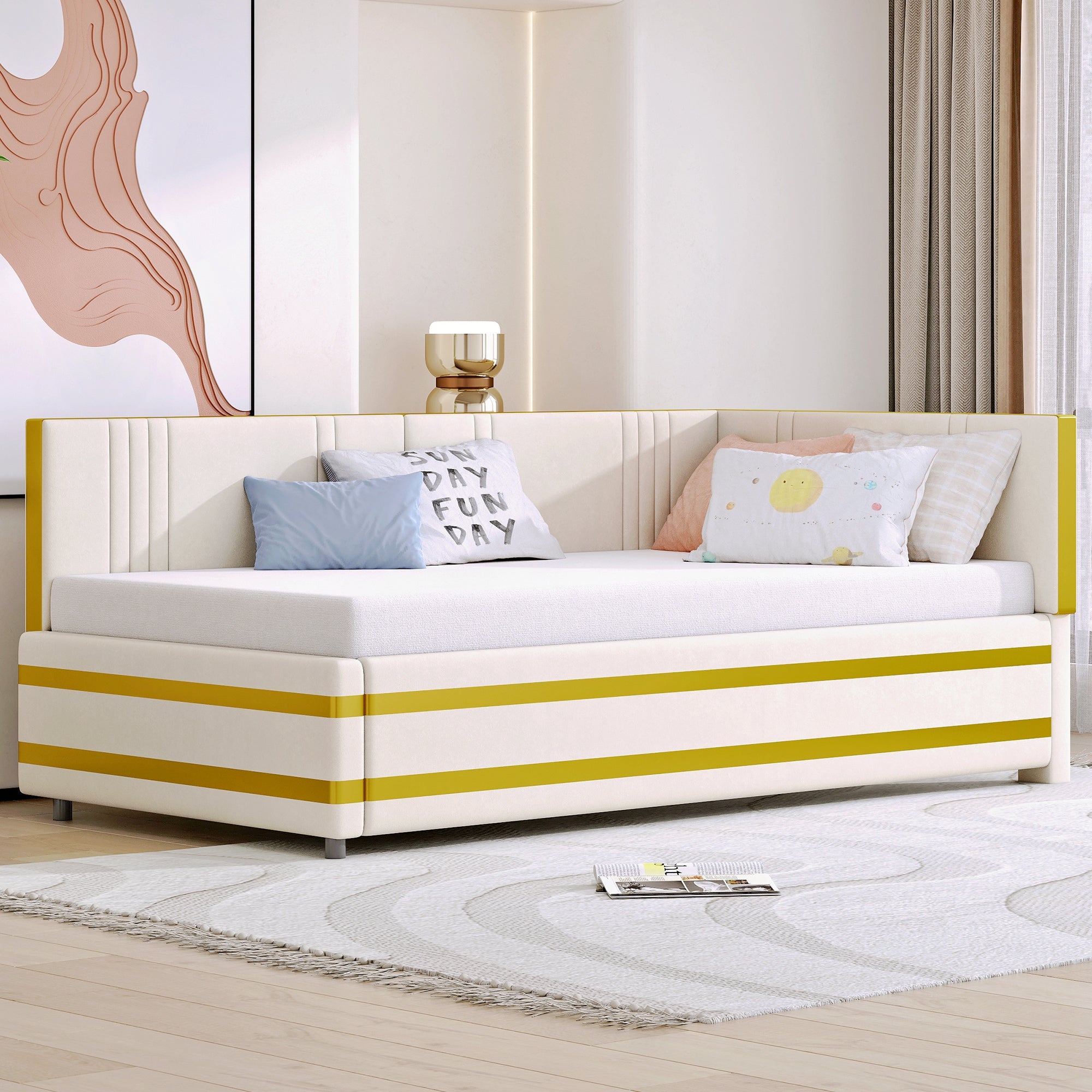 Upholstered Bed Sofa Bed 90*200 Multifunctional with Slatted Frame, Velvet Beige