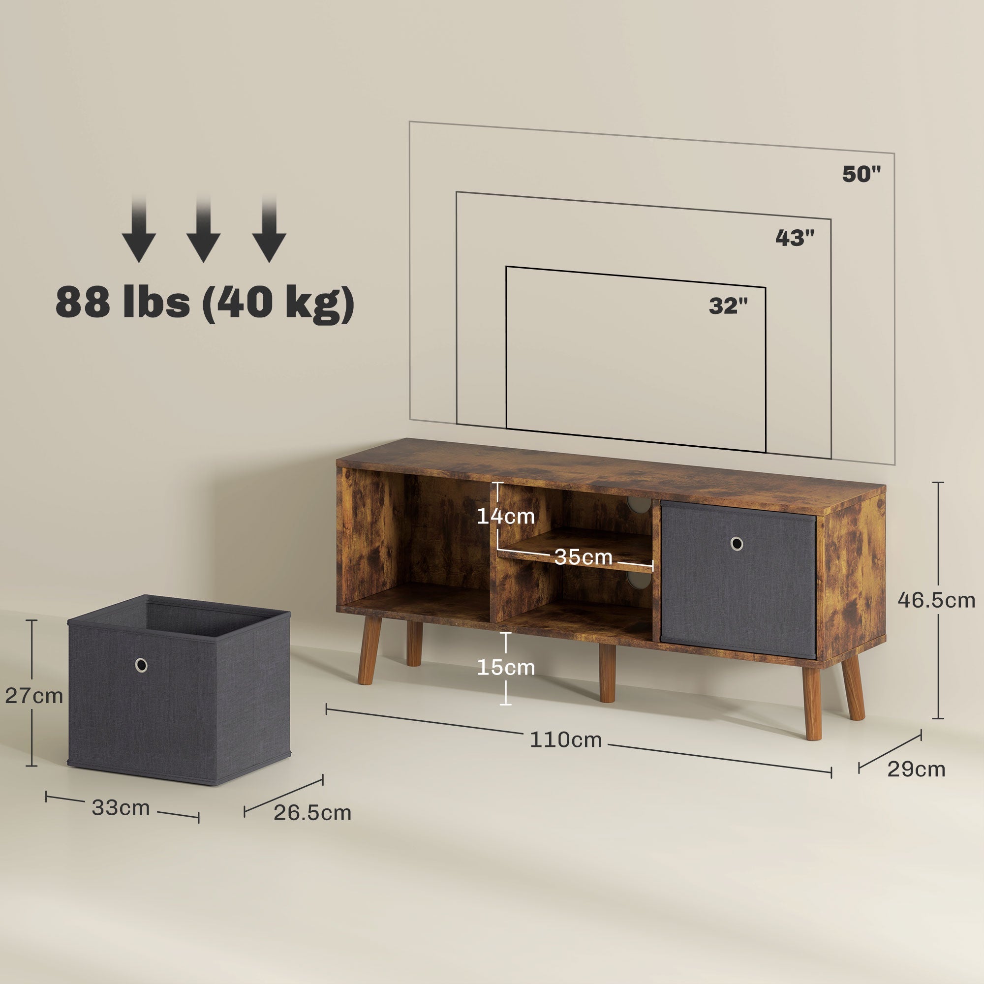 TV Cabinet Stand Unit for TVs up to 50'' with Foldable Drawers, Rustic Brown