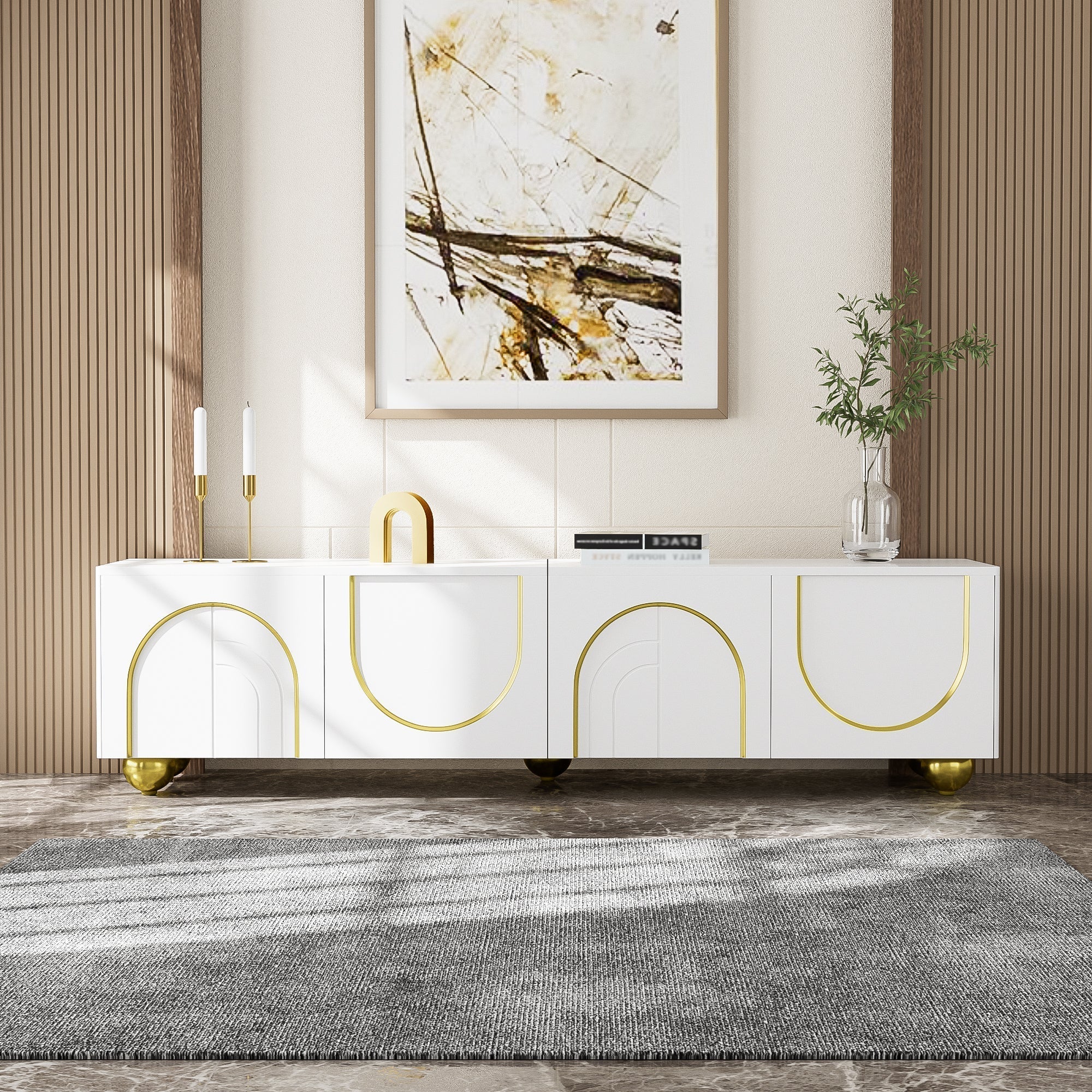 TV Lowboard with Textured Doors, Drawers & Open Compartments - Gold