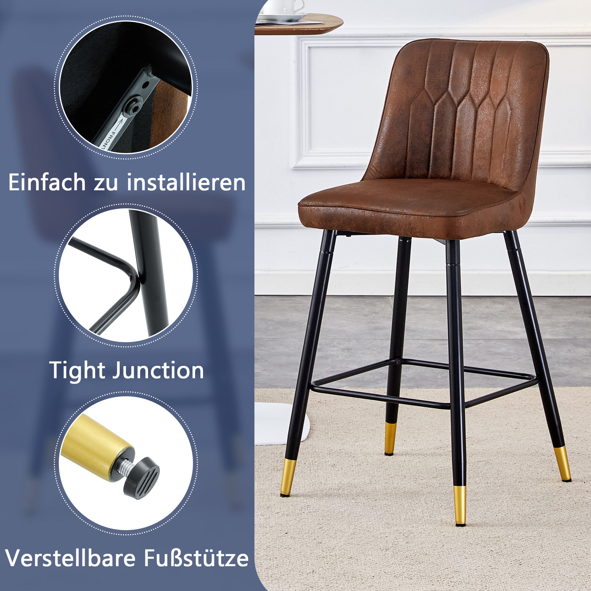 Set of 2 Bar Stools 100cm Black Metal Frame Footrest - Brown Tech Fabric