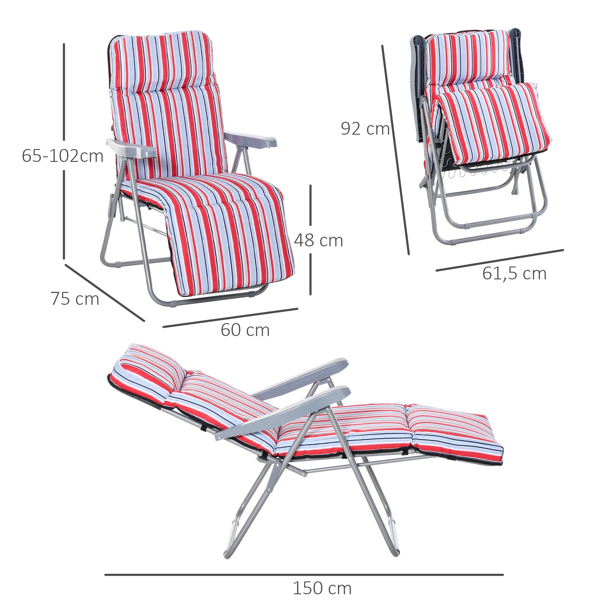 Sun Lounger Set of 2, Foldable Adjustable Backrest with Cushions, Red Steel+Polyester