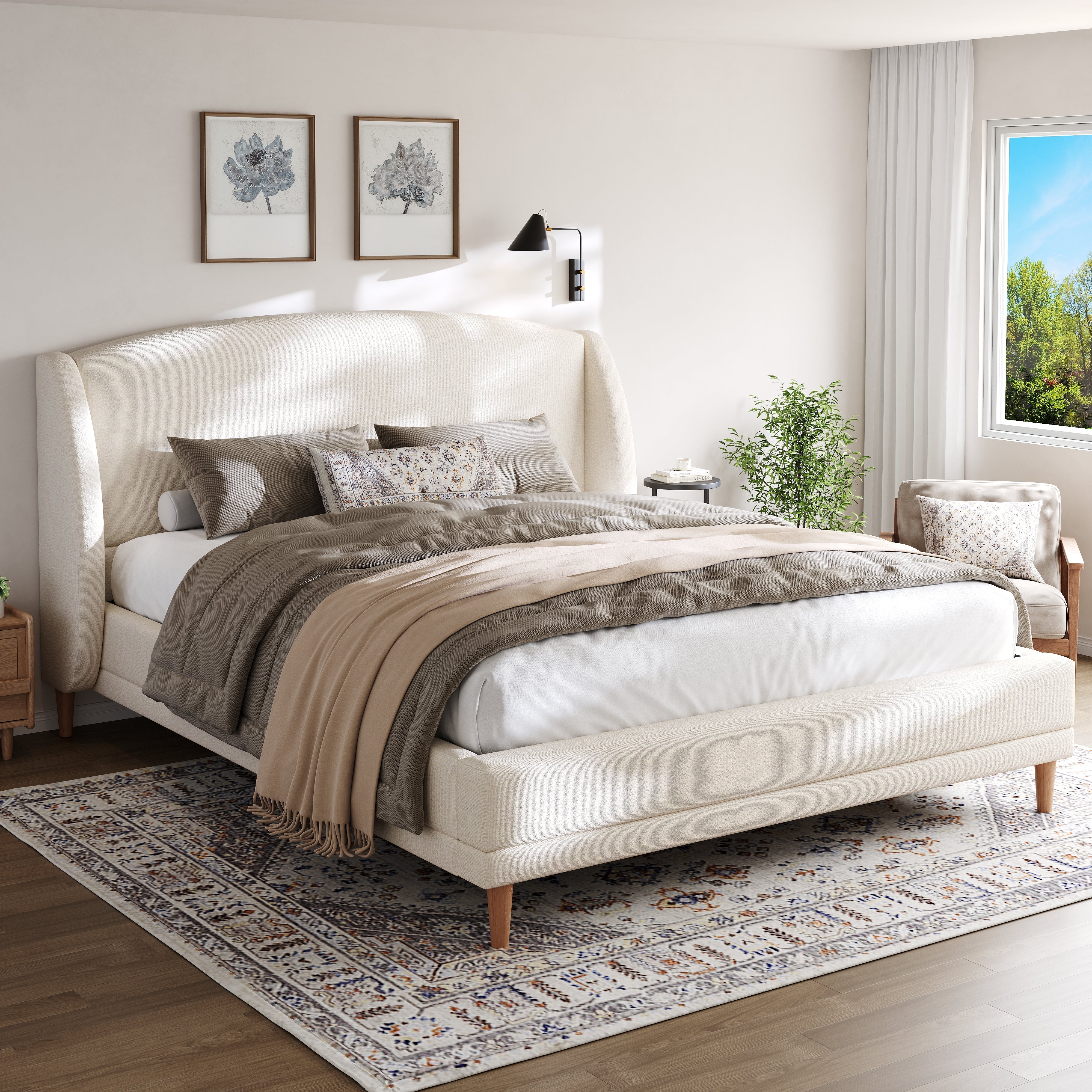 Upholstered Bed 140x190 cm with Winged Headboard and Slatted Base, Ivory White Bouclé Fabric