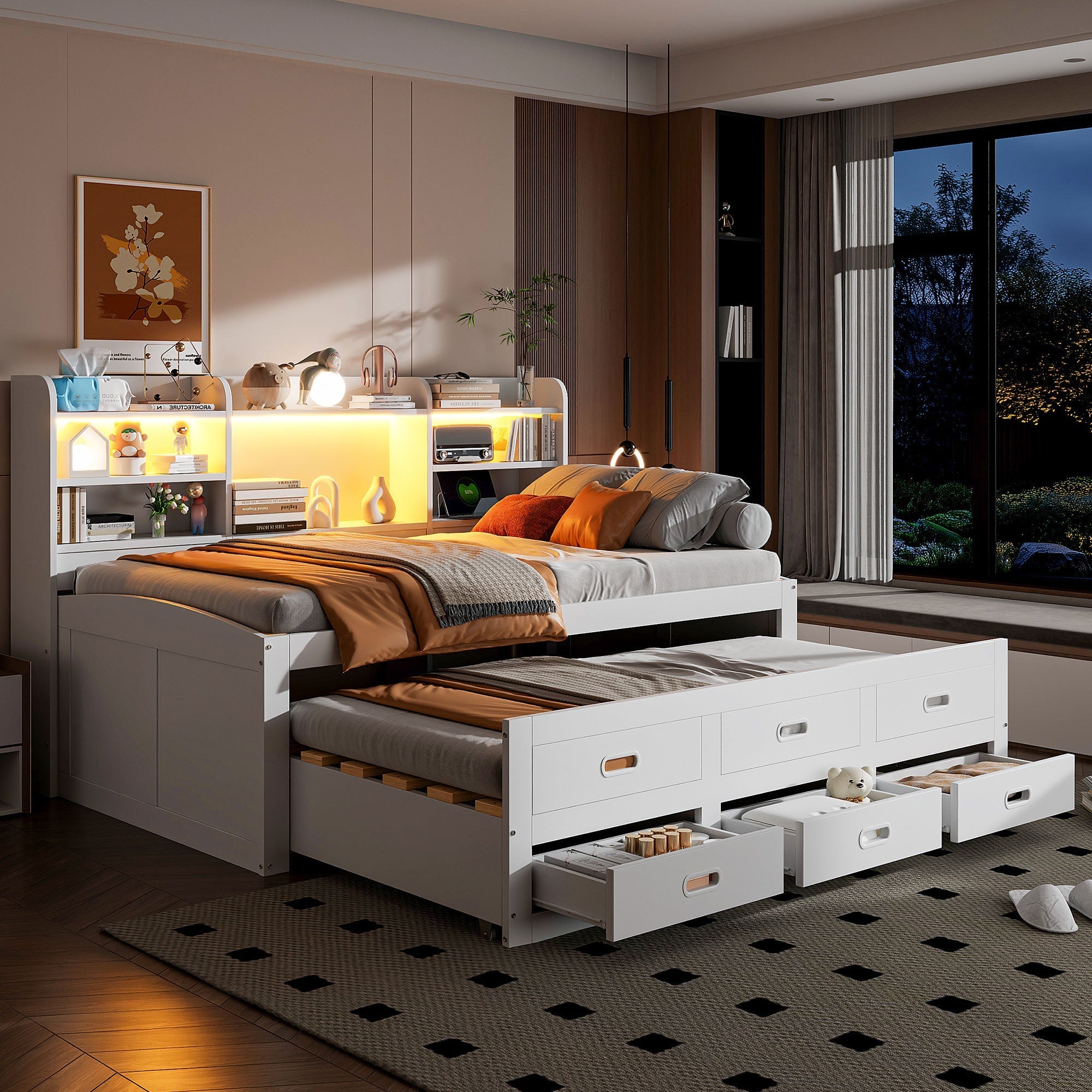 Sofa Bed Daybed 90x200cm Extendable LED 3 Drawers Shelf USB/Type-C - White