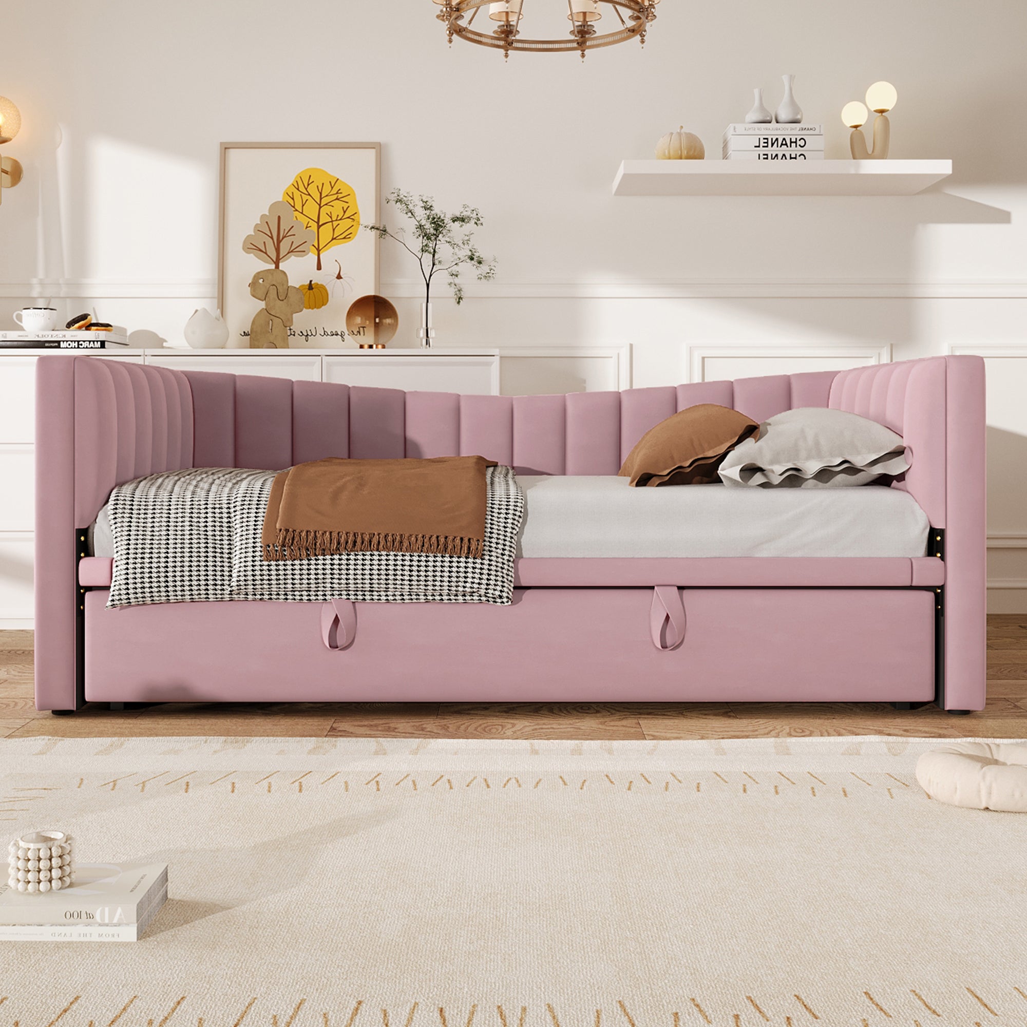 Daybed Upholstered Pull-out Bed 90/180x200cm - Velvet Pink