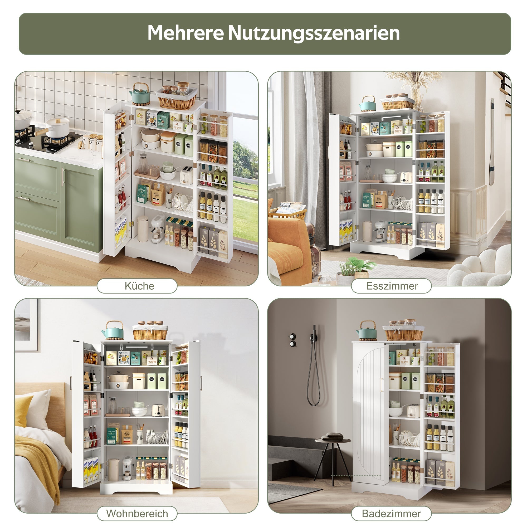 Multifunctional Kitchen Cabinet with LED Sensor Light and Adjustable Shelves, White