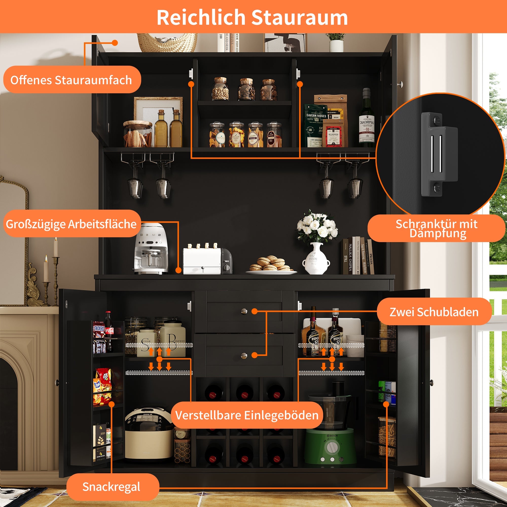 Kitchen Buffet Cabinet with 4 Doors and 2 Drawers, Adjustable Shelves and Wine Rack, Black