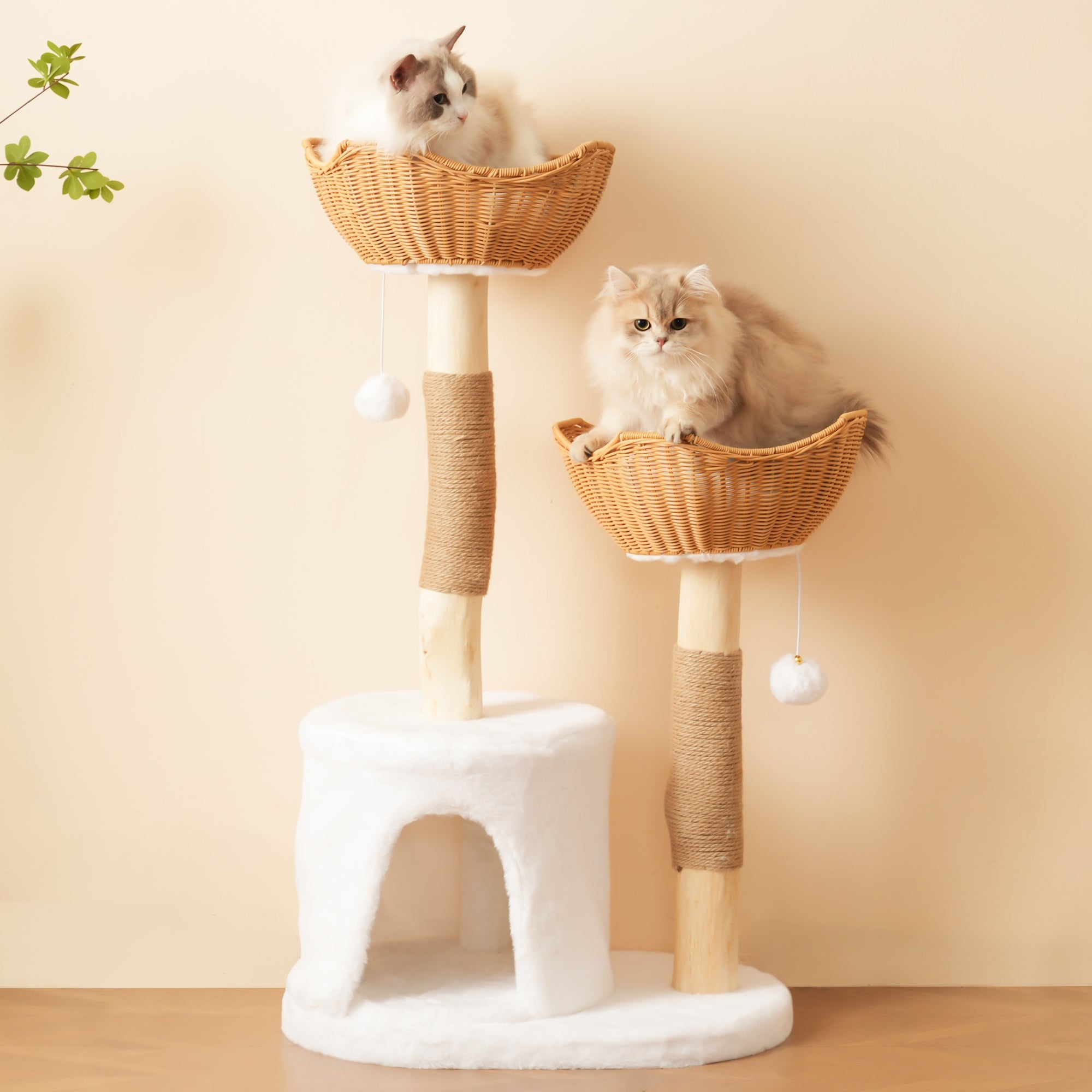 Solid Wood Cat Tree 108cm, Scratching Post 2 Baskets & Cave for Large Cats, Natural Wood & Sisal