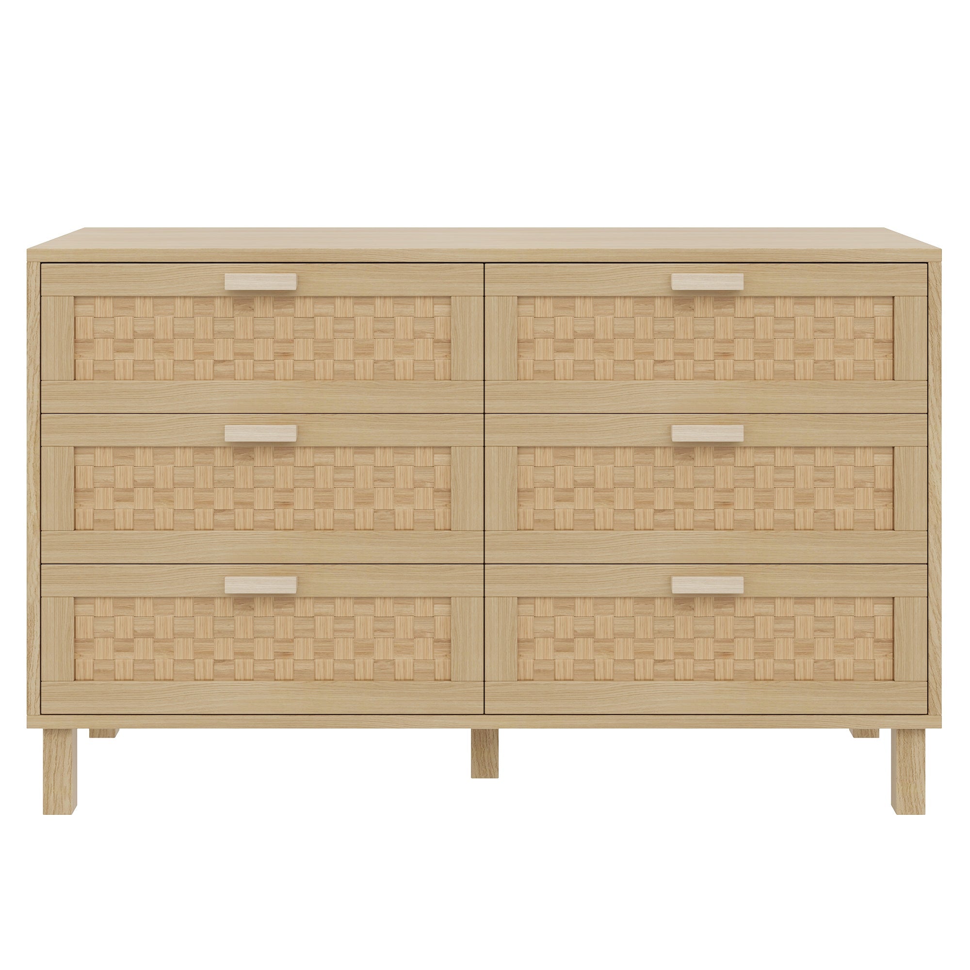 Sideboard & Chest of Drawers, 6-Drawer Rattan Look, Natural Wood