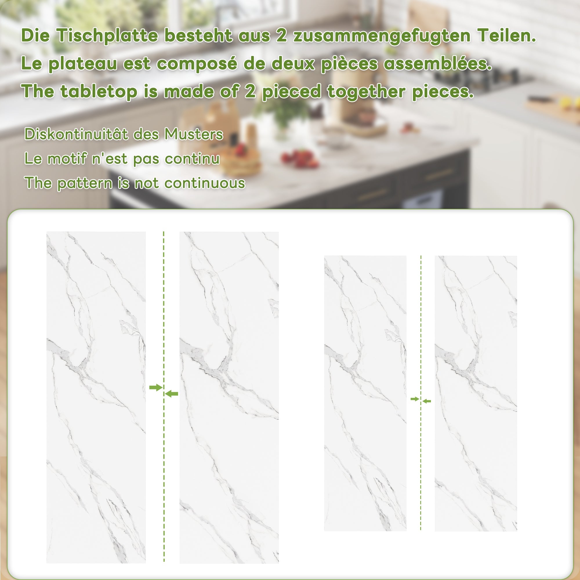 Multifunctional Kitchen Island Extendable Dining Table Storage 150cm+96cm White Marbled Wooden/Black