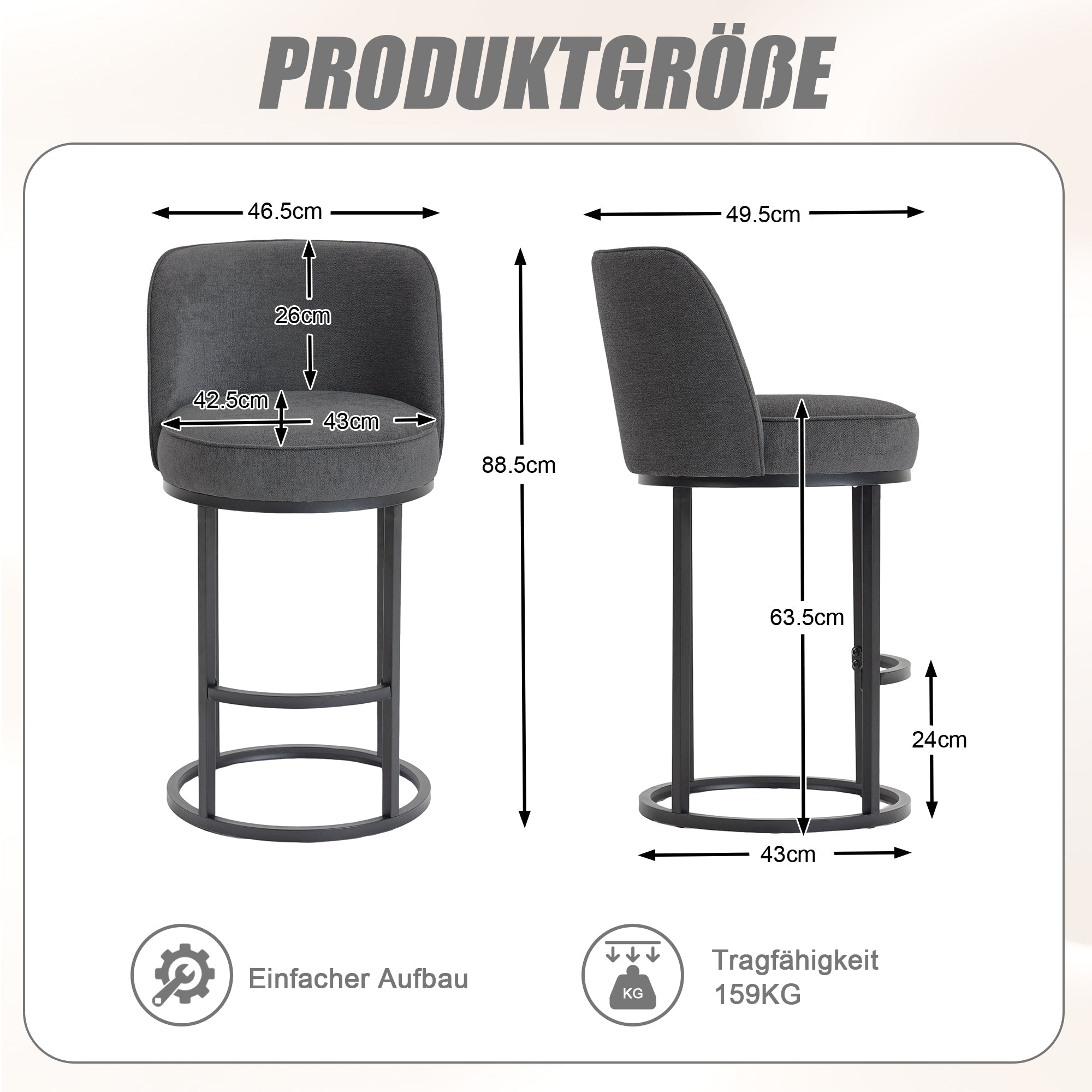 Modern Bar Stools Duo Set with Upholstered Seat and Metal Legs, Linen Upholstery