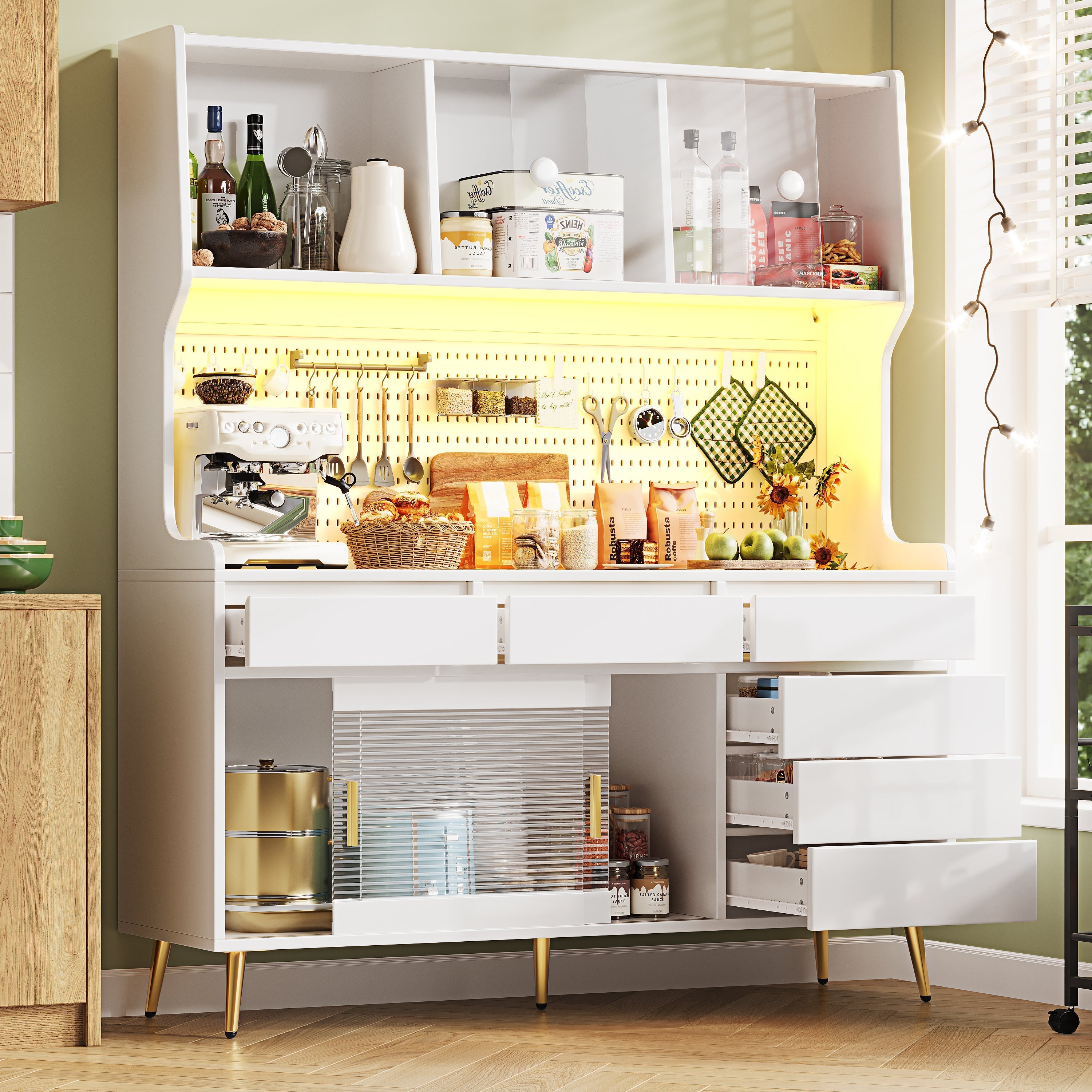 Modern Tall Cabinet with LED & App Control, Pegboard Storage - White