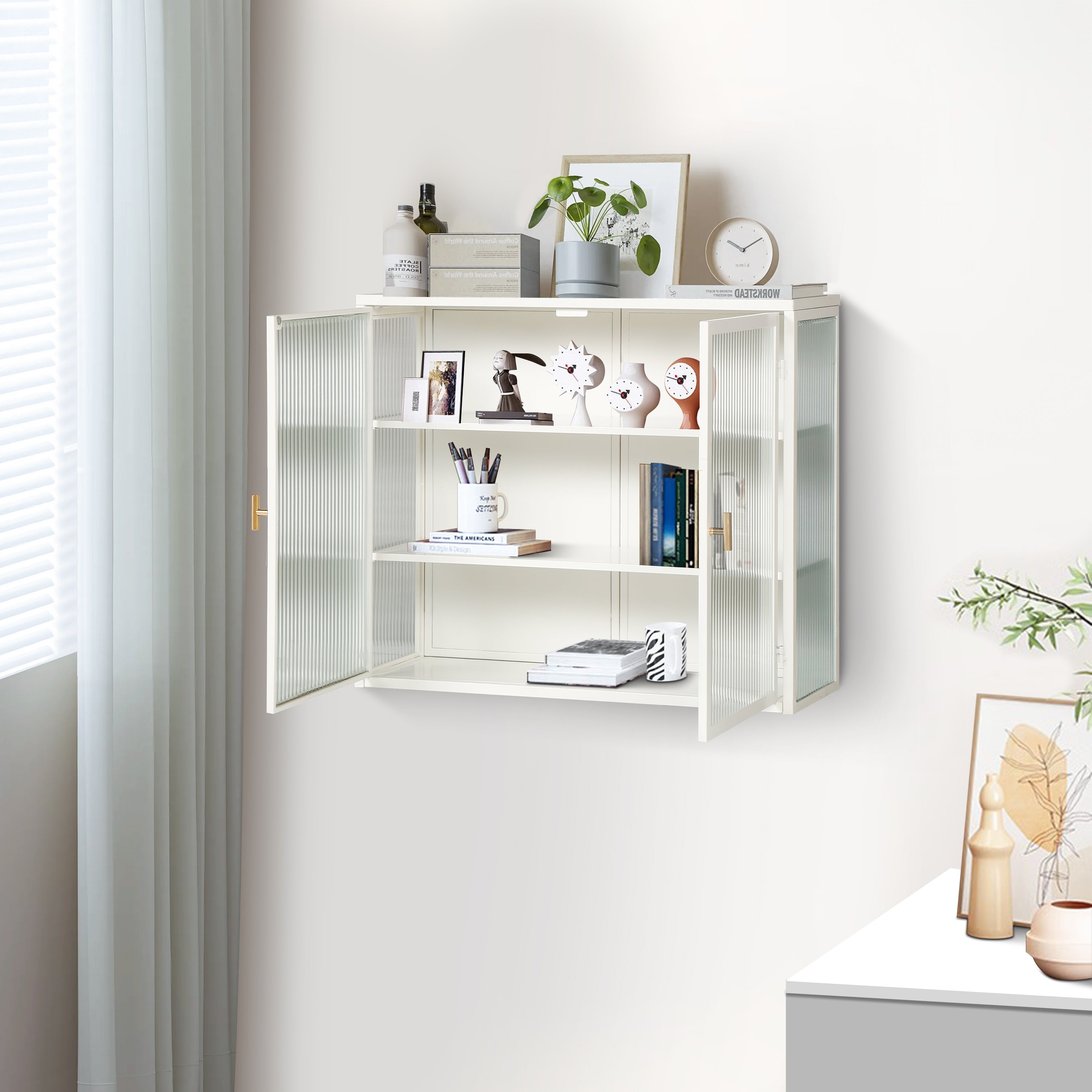 70CM Glass Doors Modern Two-Door Wall Cabinet with Three-Tier Storage White