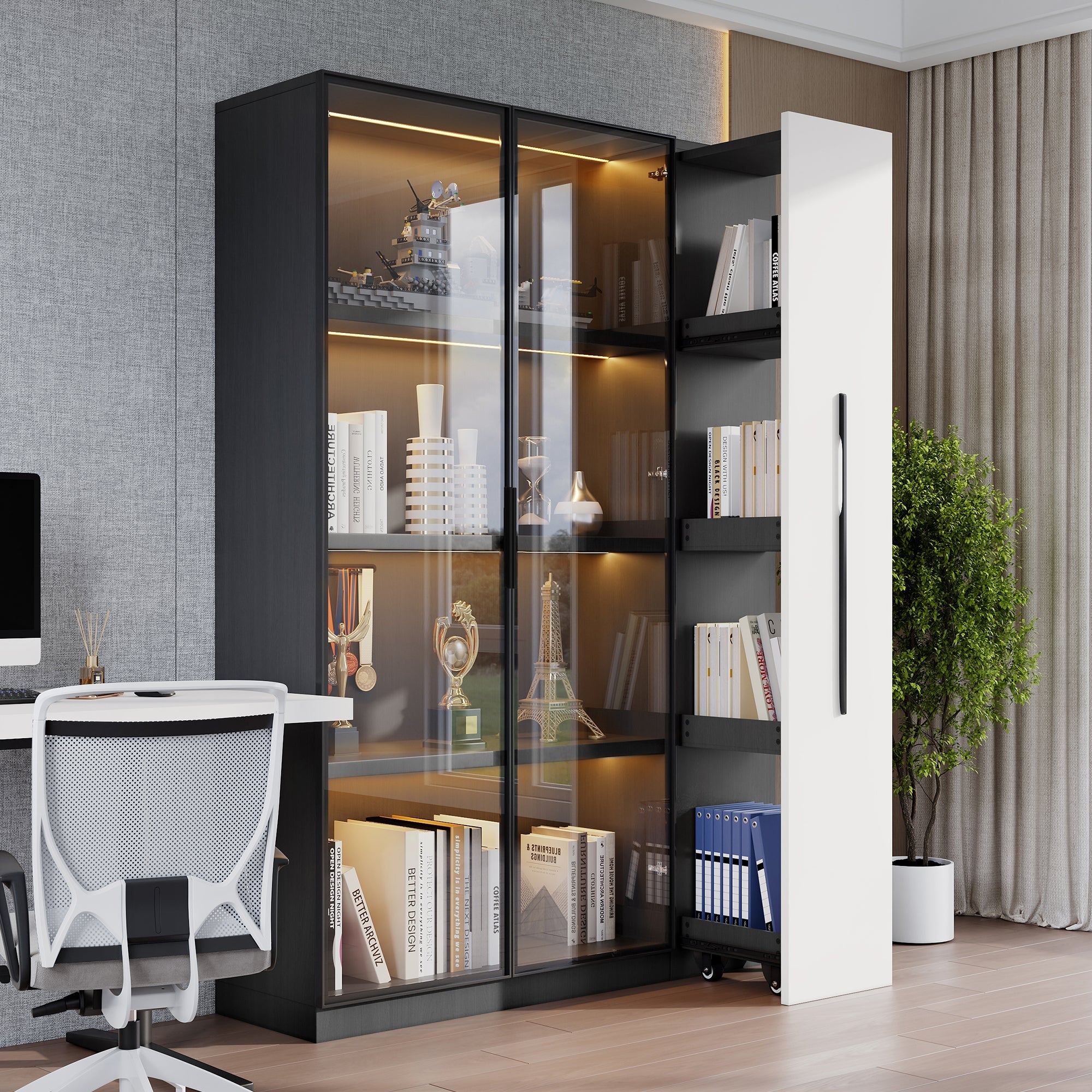 Multifunctional Cabinet 110.5x160cm Display LED Rolling Drawer, White/Black