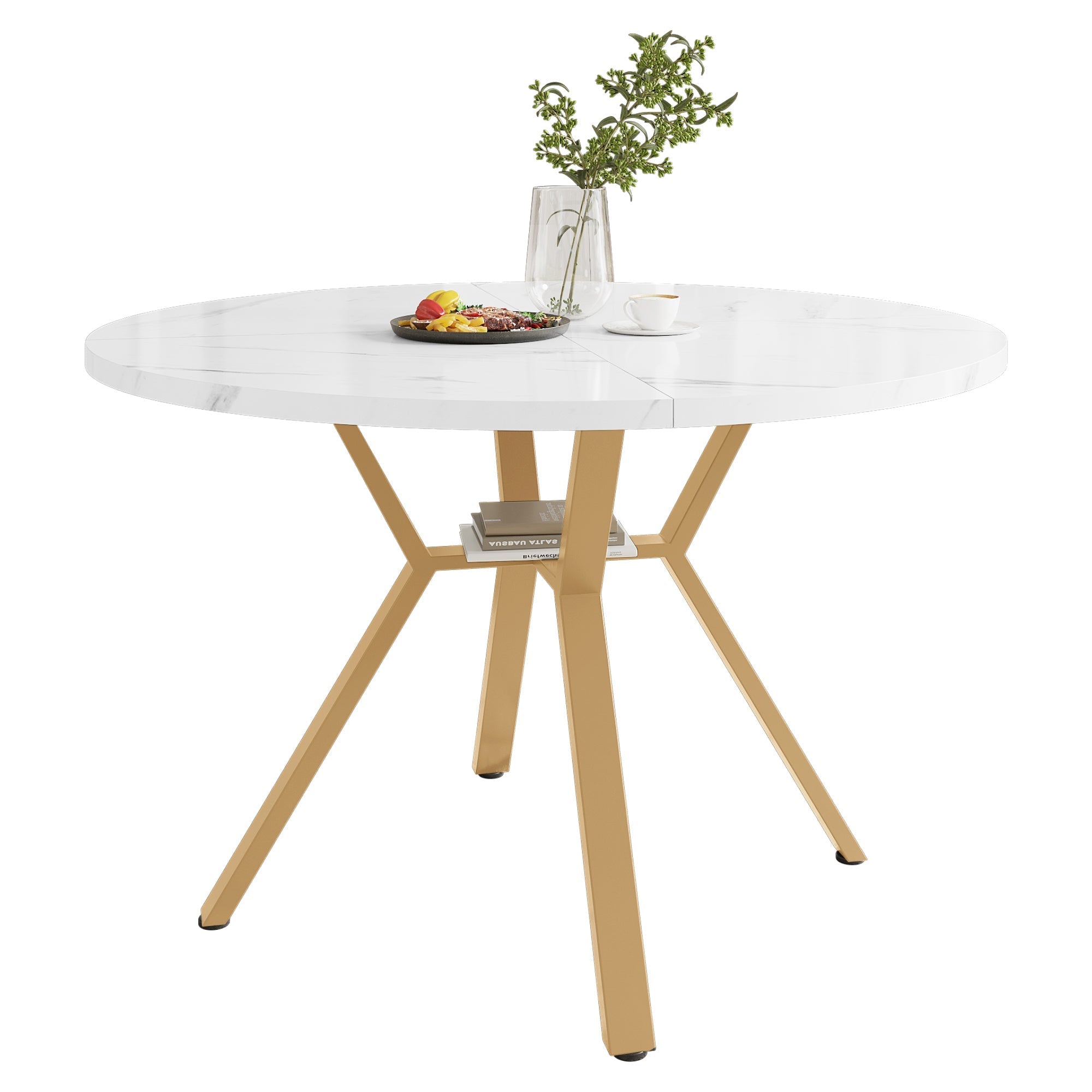 Round Marble Dining Table 1m and X-Leg Coffee Table - Black Gold