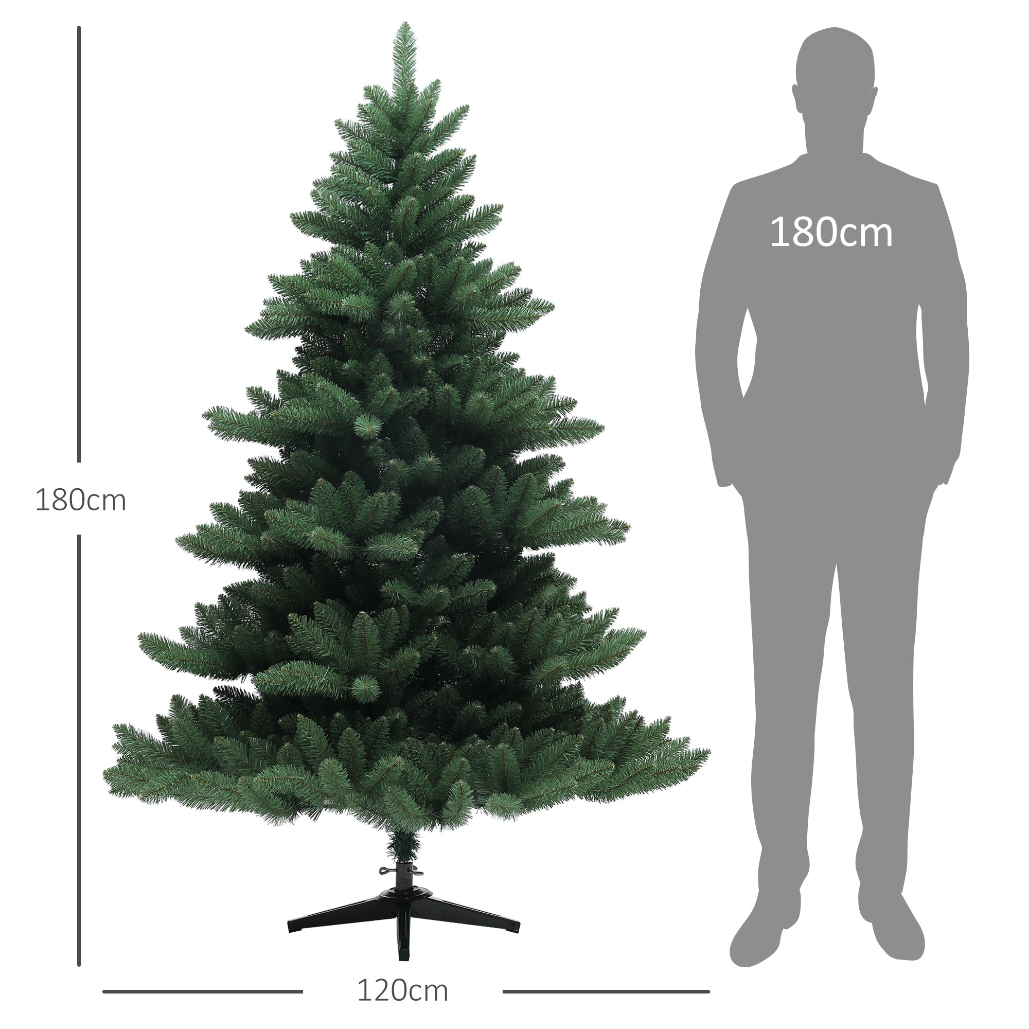 Artificial Christmas Tree, 180cm 880 Tips, Foldable Steel Base, Flame Retardant, Green
