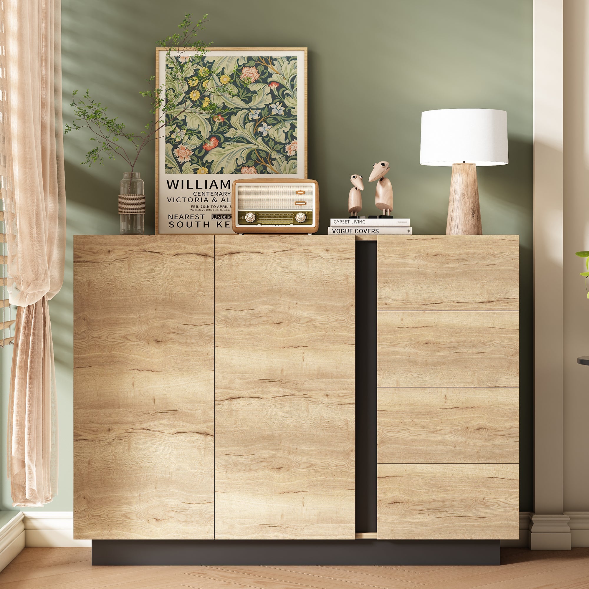 Chest of Drawers Sideboard Storage Cabinet 4 Drawers 2 Doors Black and Natural