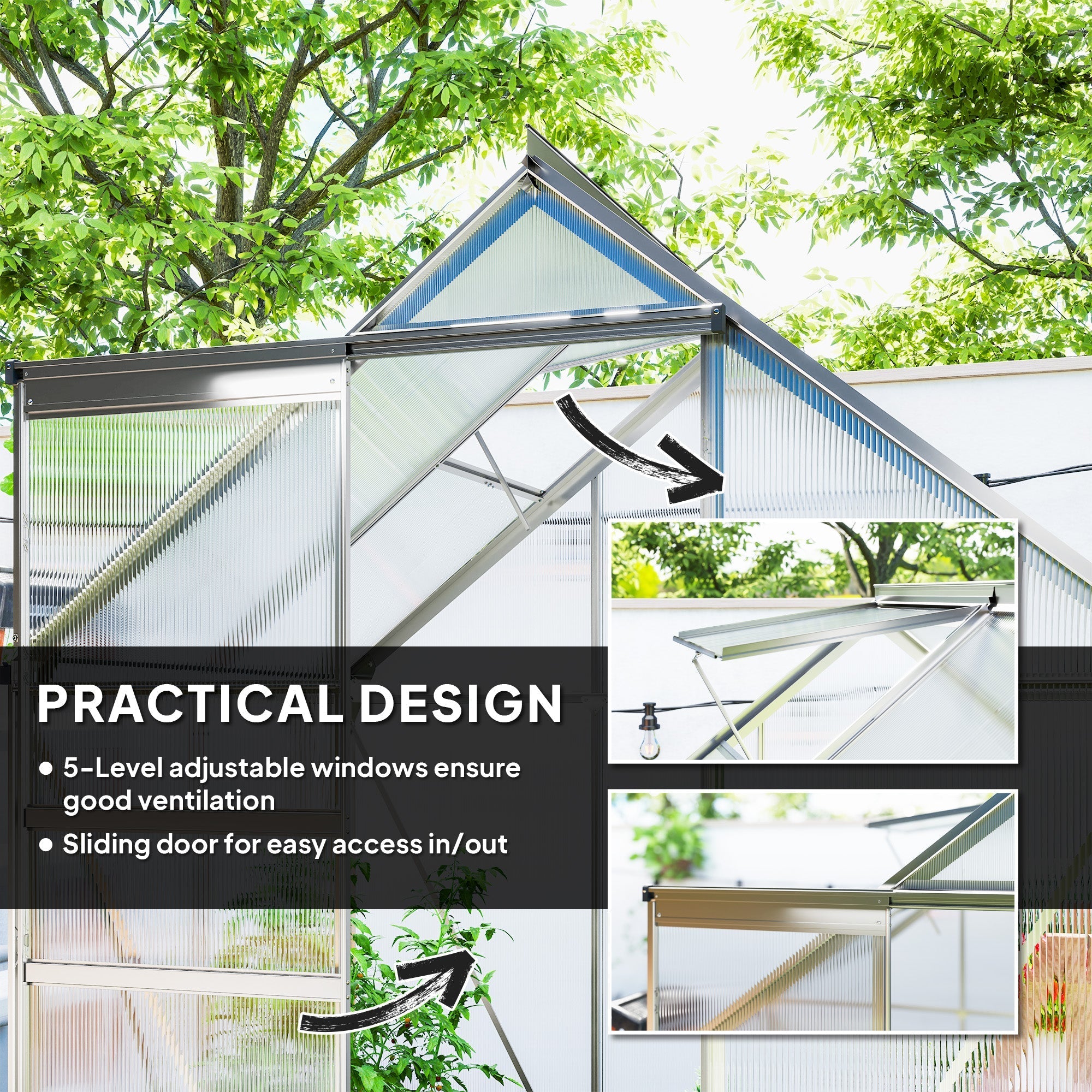 Walk-In Polycarbonate Greenhouse 192.5 x 131cm, Silver-Tone