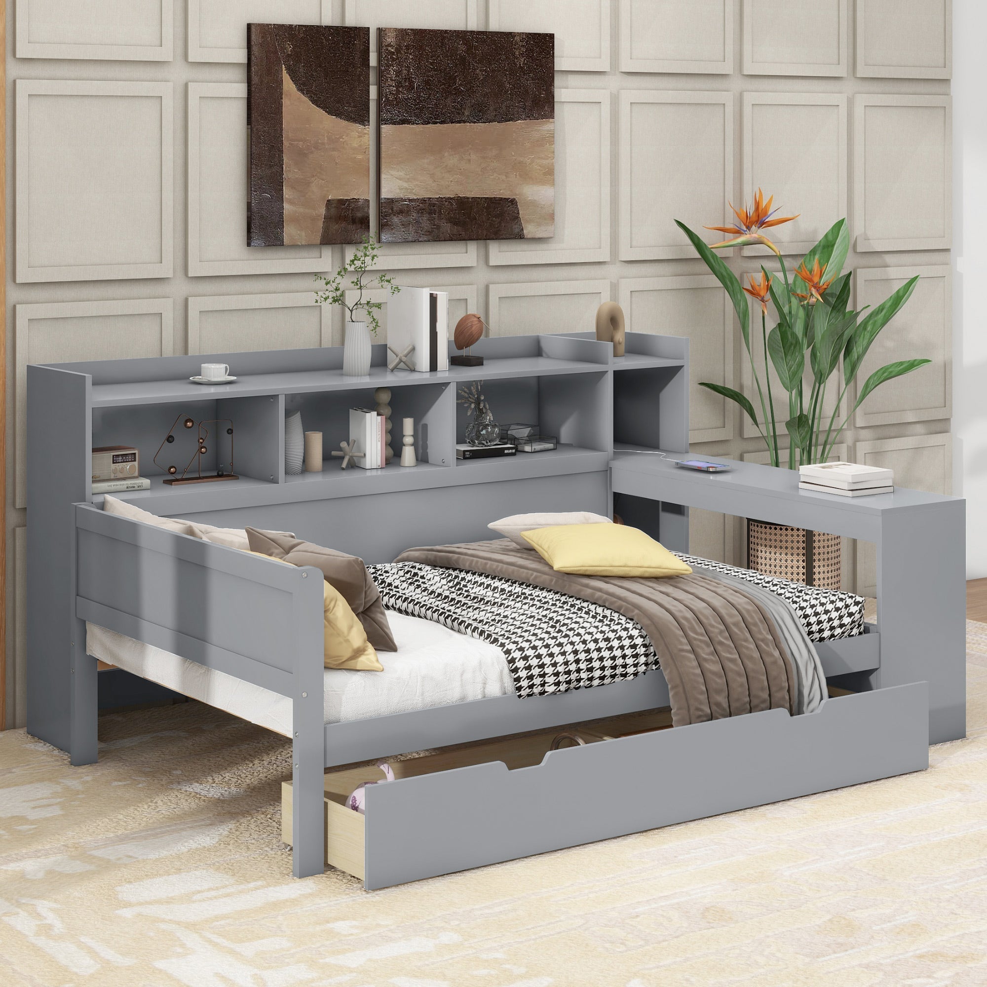 Sofa Bed Daybed, 90x200cm, USB, 2 Drawers, Desk, Grey Chipboard