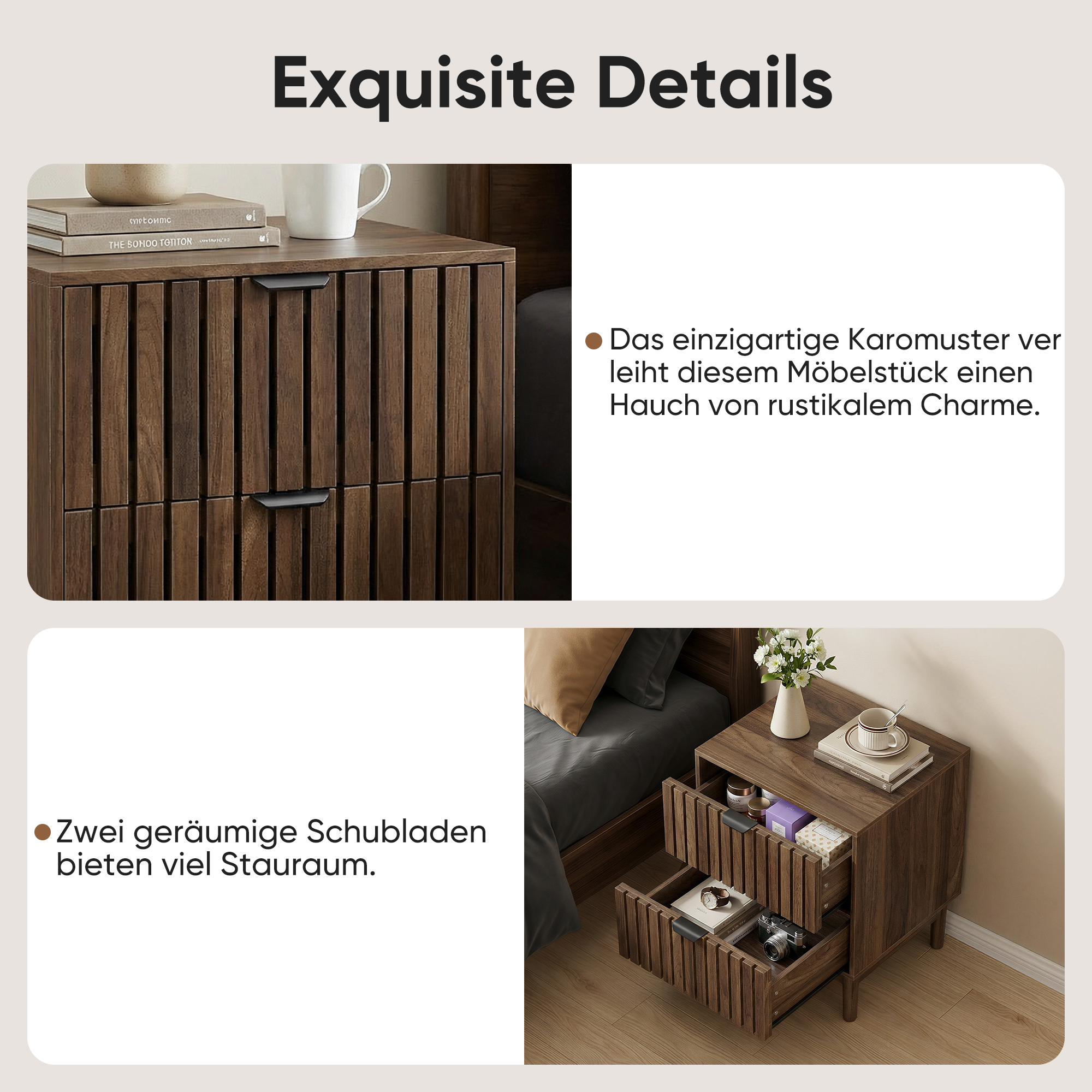 Mid-Century Modern Nightstand with Two Drawers and Slatted Design, 45 x 39 x 56.5 cm, Walnut Wood