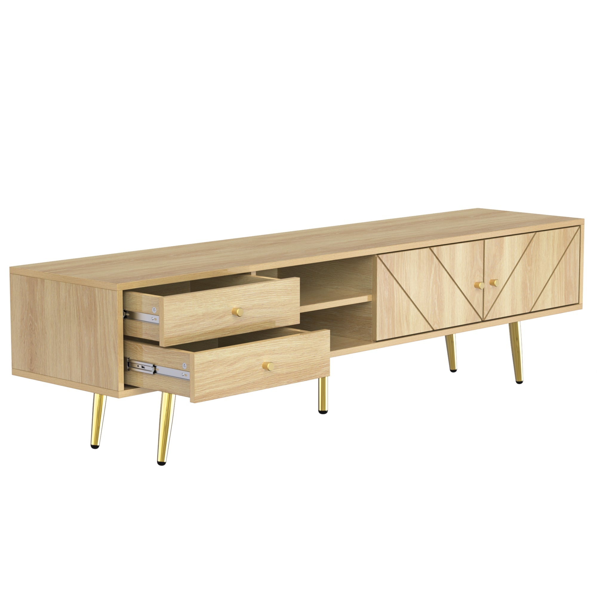 TV Cabinet 160cm, Gold Feet, Two Drawers, Unique Doors