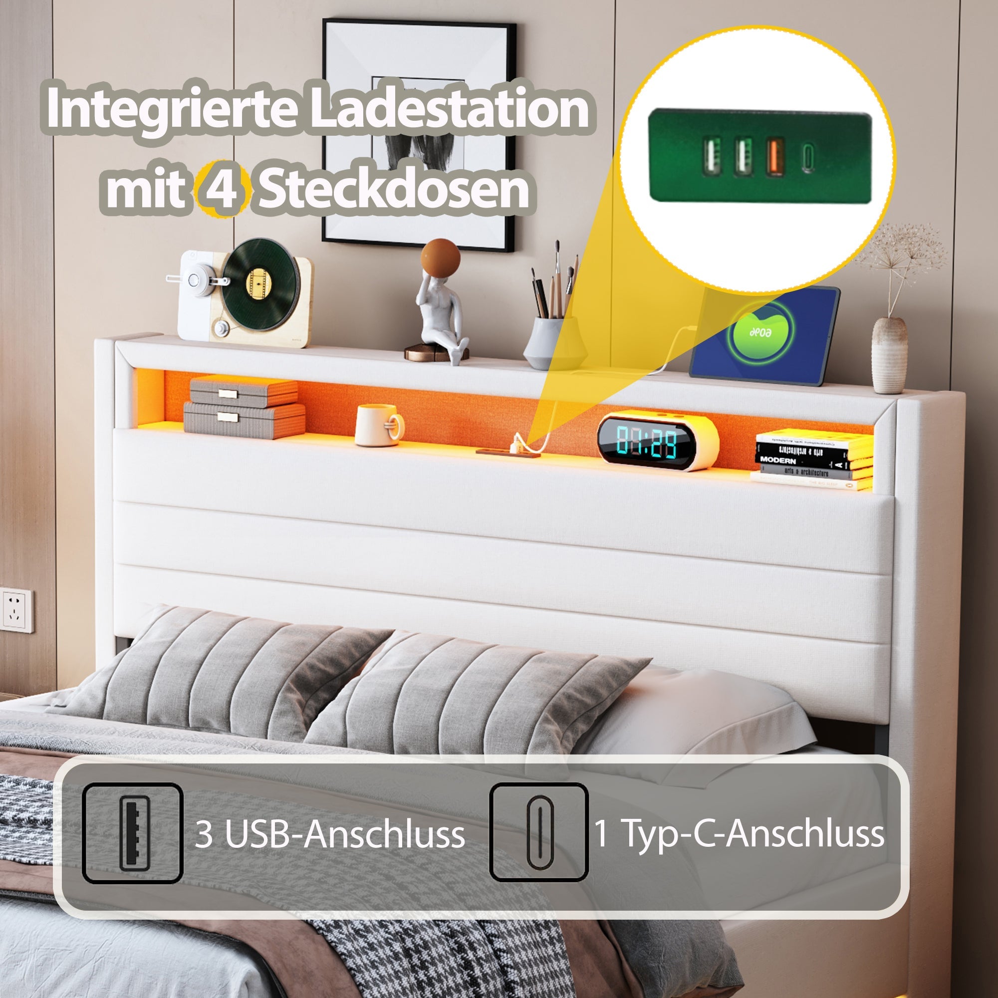 Upholstered Bed 140x200 cm with Hydraulic Storage, USB & LED Light, Reversible Headboard, Linen Beige