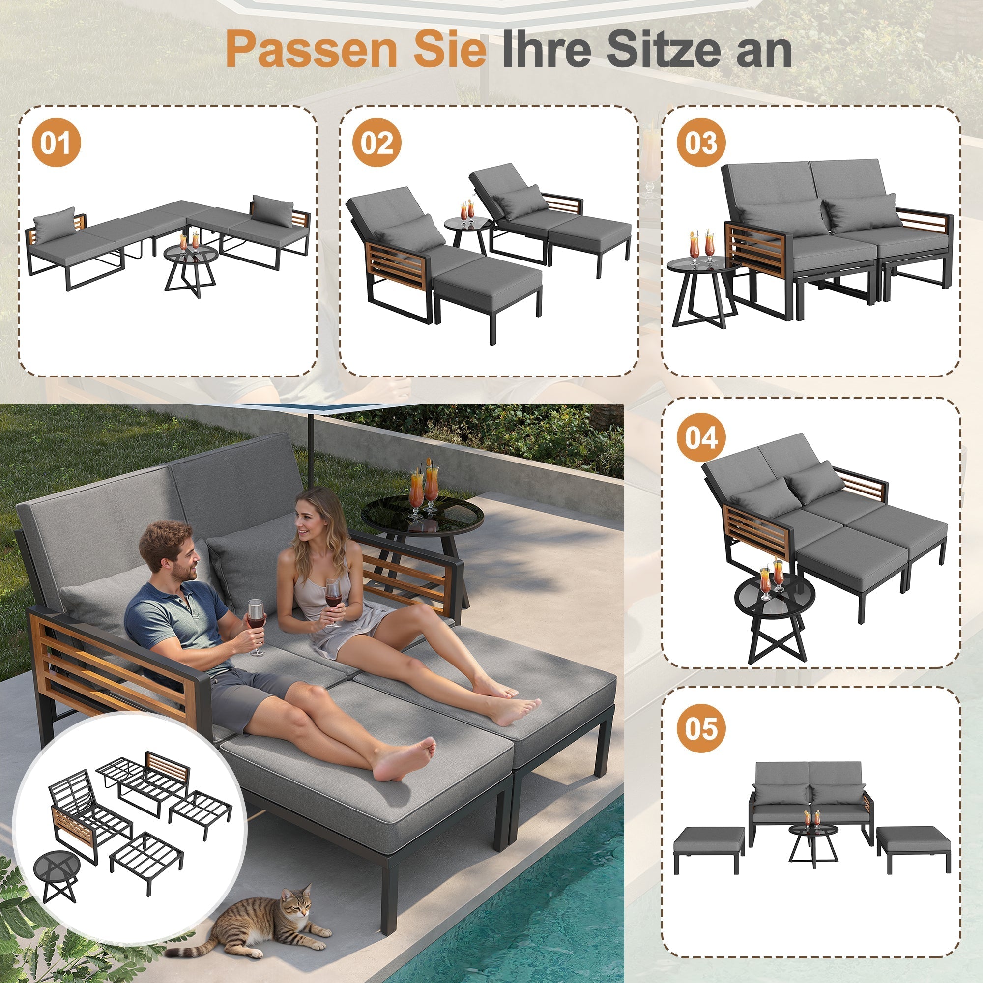 Garden Lounge Set for 2-4 People, Adjustable Outdoor Daybed and Sofa with Cushions, Grey Wood Look