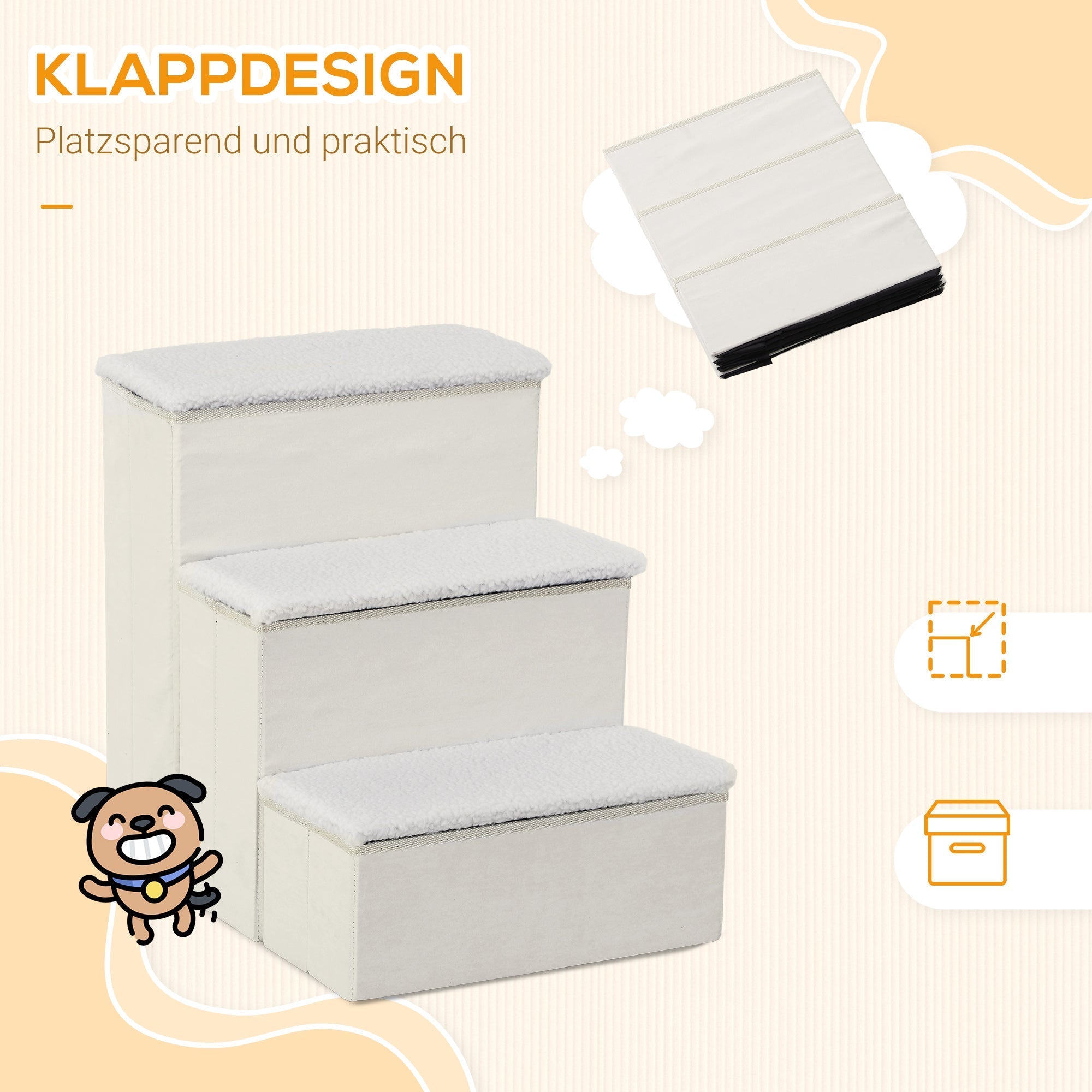 Pet Stairs, Foldable 3 Steps with Storage, MDF White