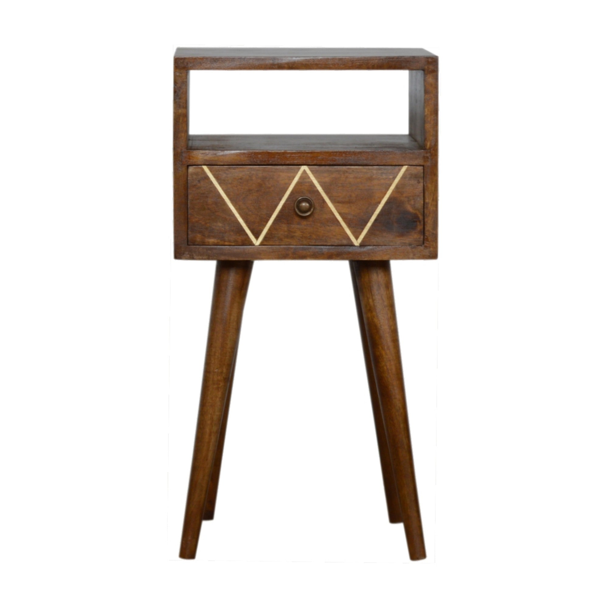 Solid Wood Mini Geo Bedside, 1 Drawer and Open Shelf, Dark Brown